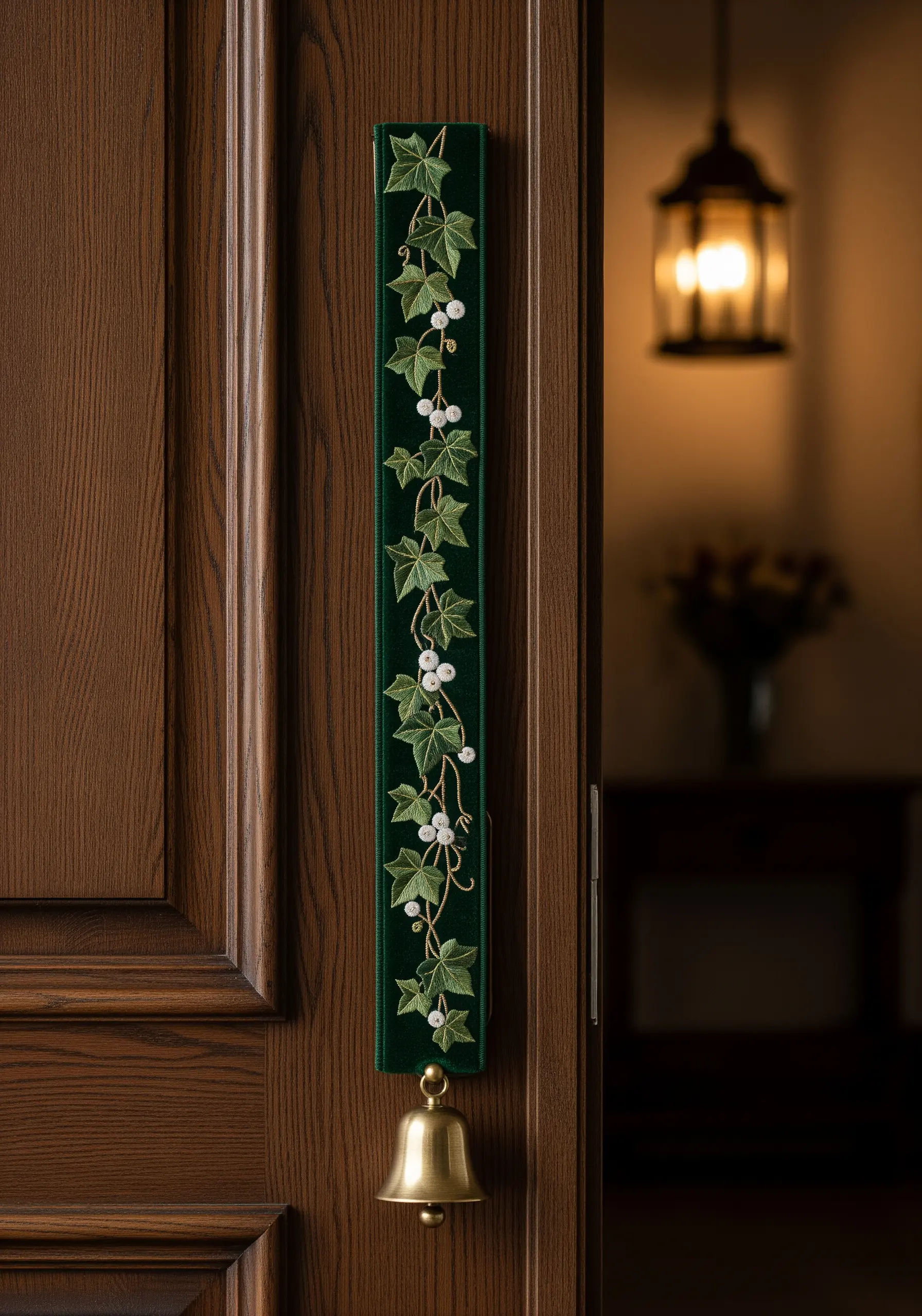 An embroidered green velvet bell pull with an ivy motif hanging on a wooden door