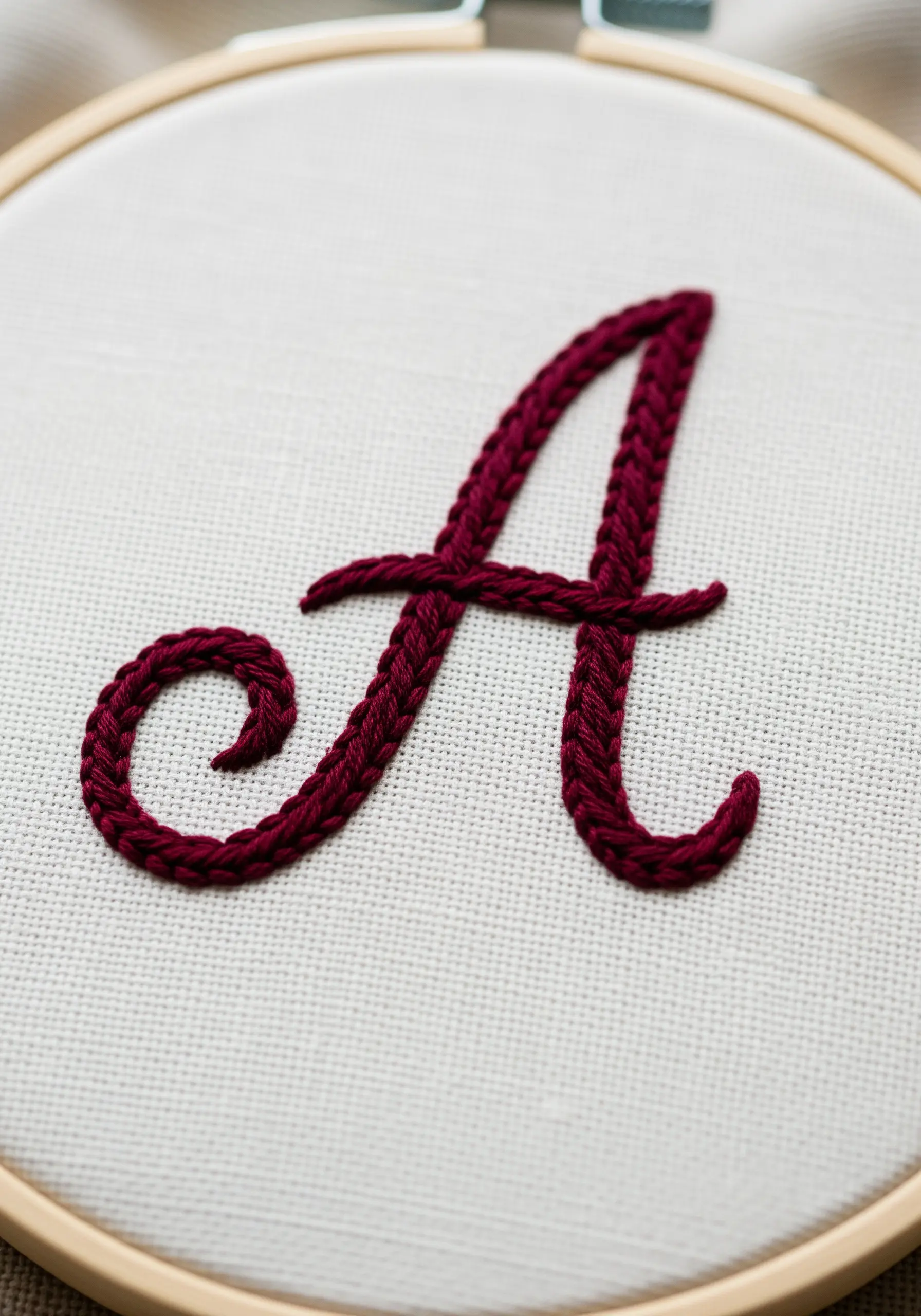 A close-up of the letter 'A' embroidered in a thick, textured braided chain stitch.