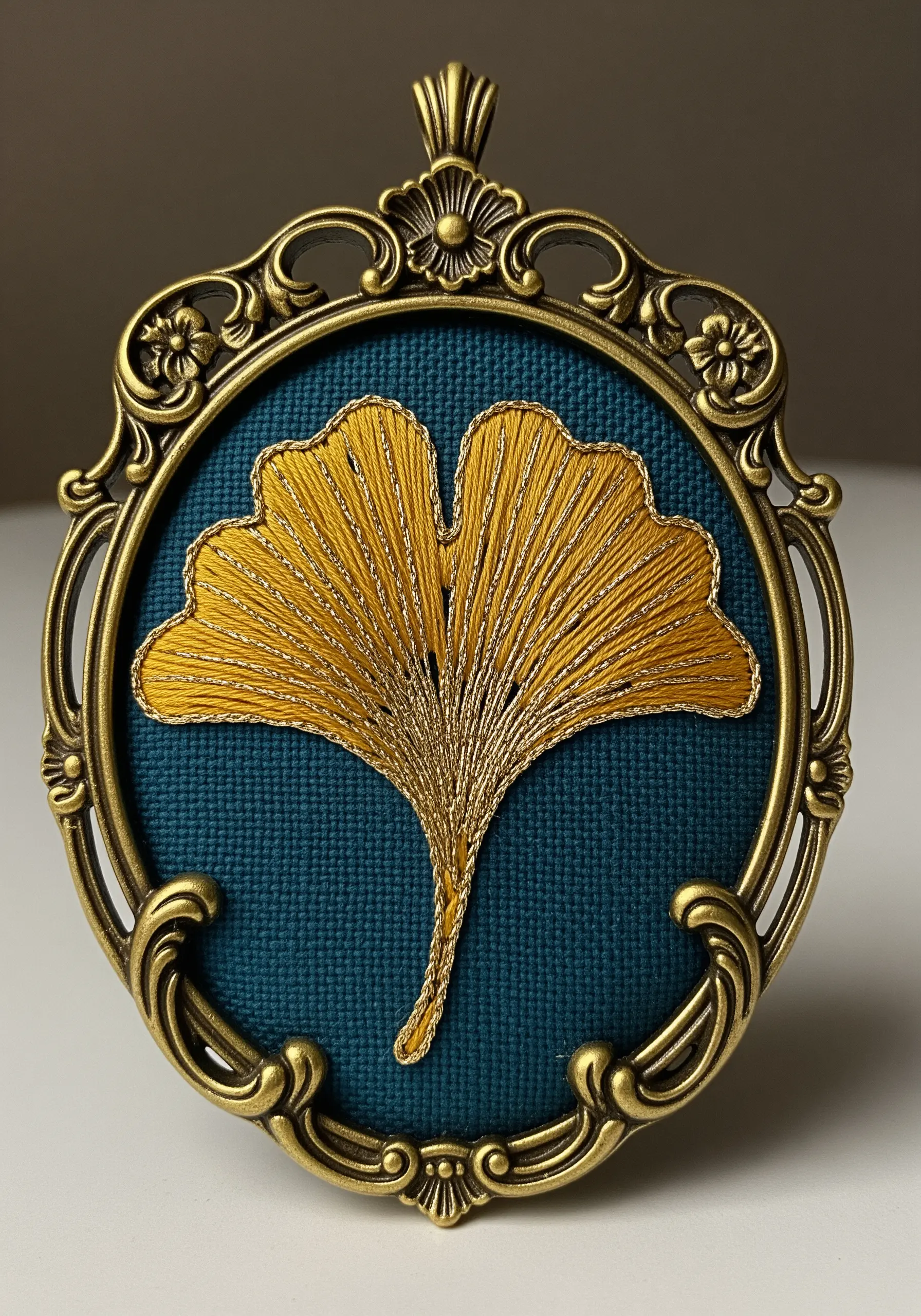 A golden ginkgo leaf embroidered in an ornate brass frame, with metallic thread details.