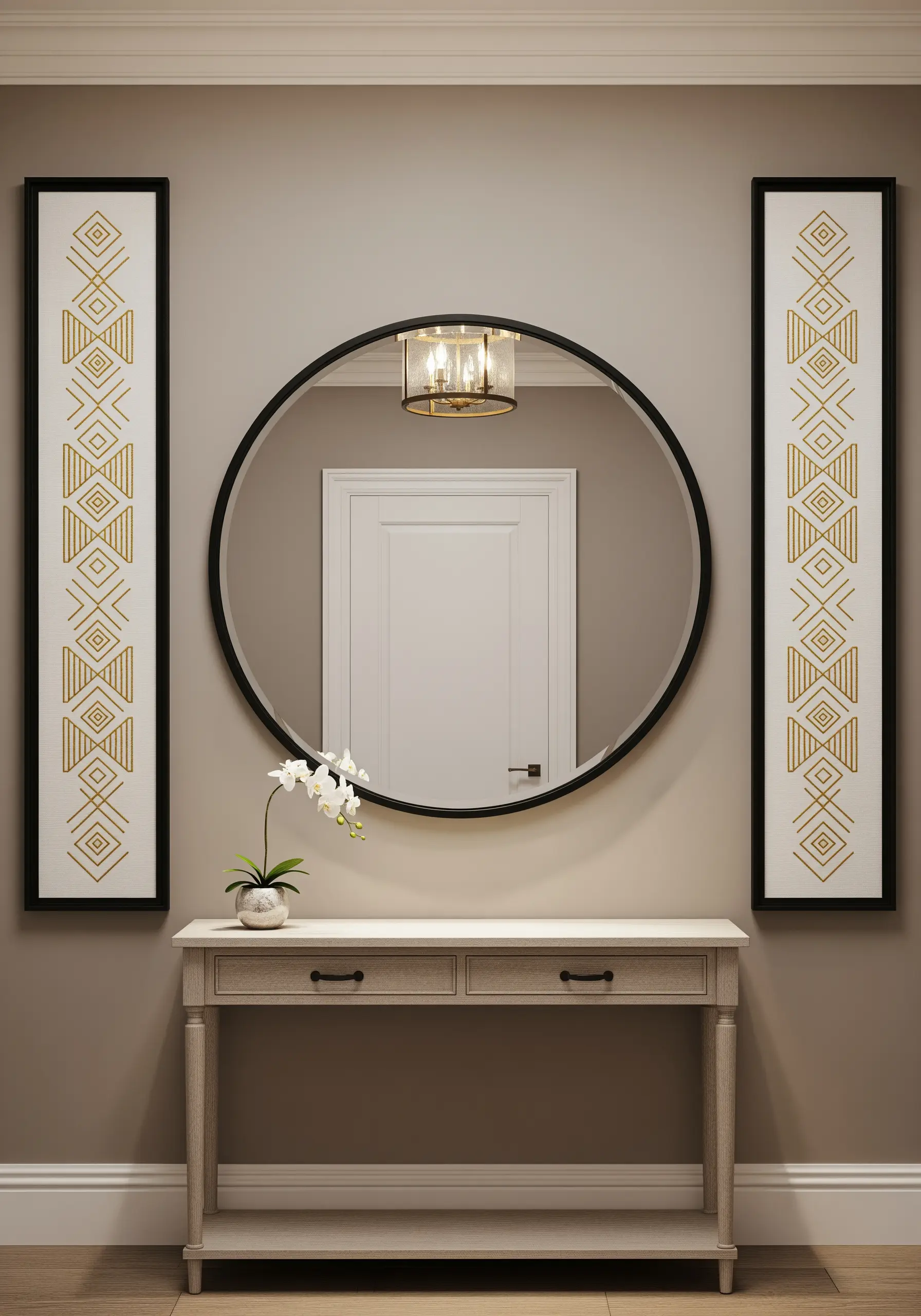 Two tall, narrow framed embroideries with gold geometric patterns flanking a mirror.