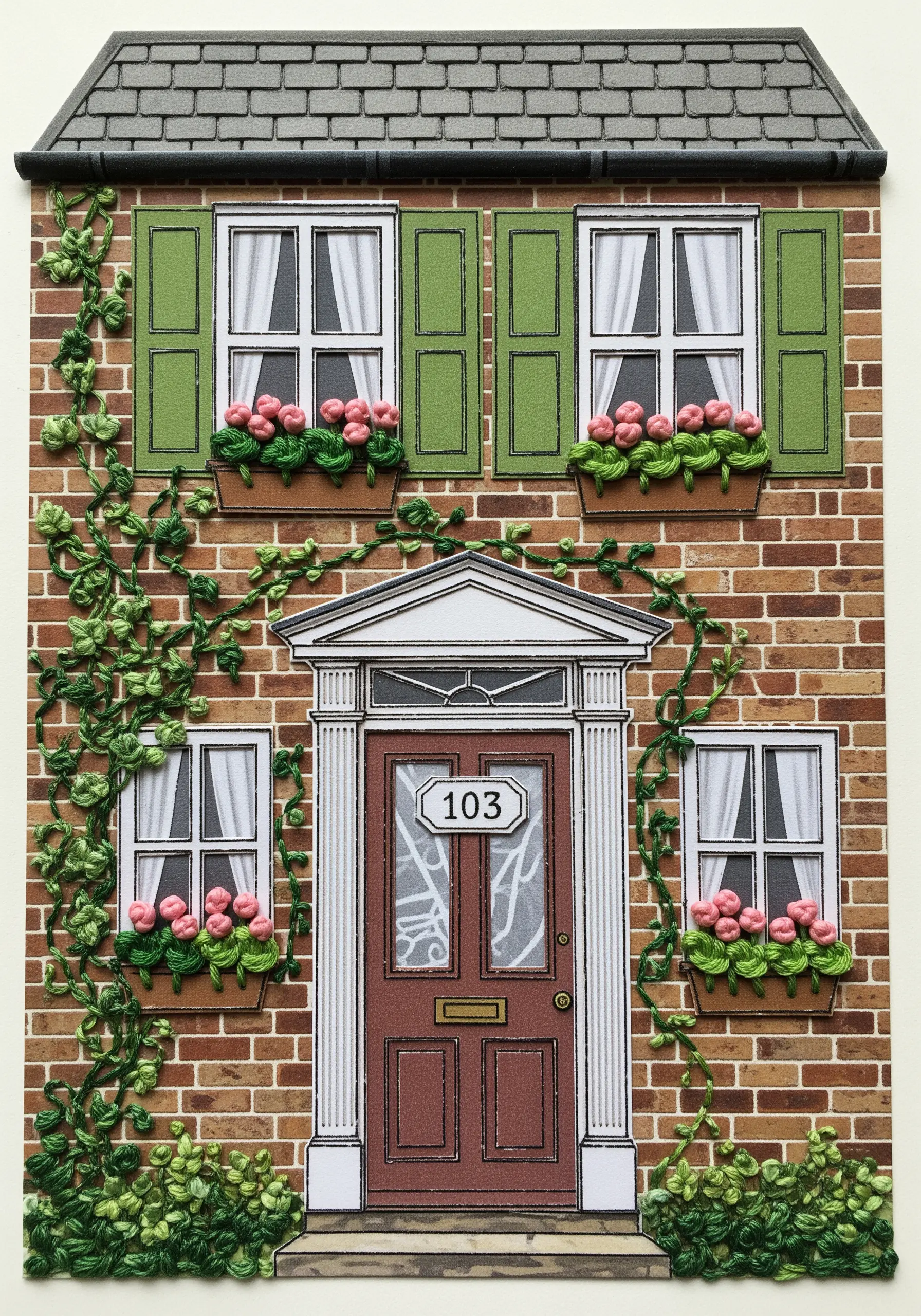 An illustration of a brick house with dimensional embroidered vines and flowers climbing the walls.