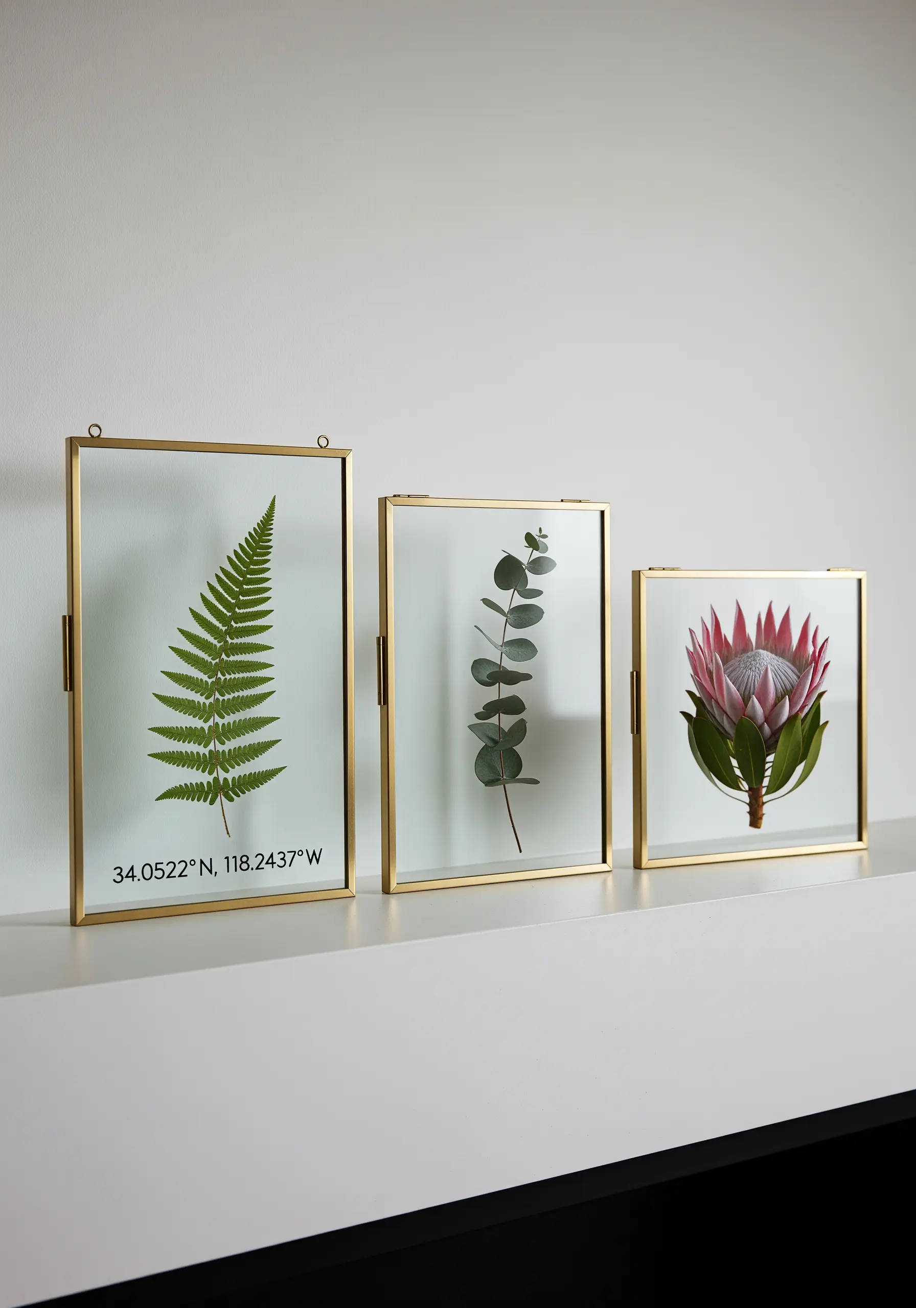 Three floating brass frames displaying a pressed fern, eucalyptus, and protea flower.