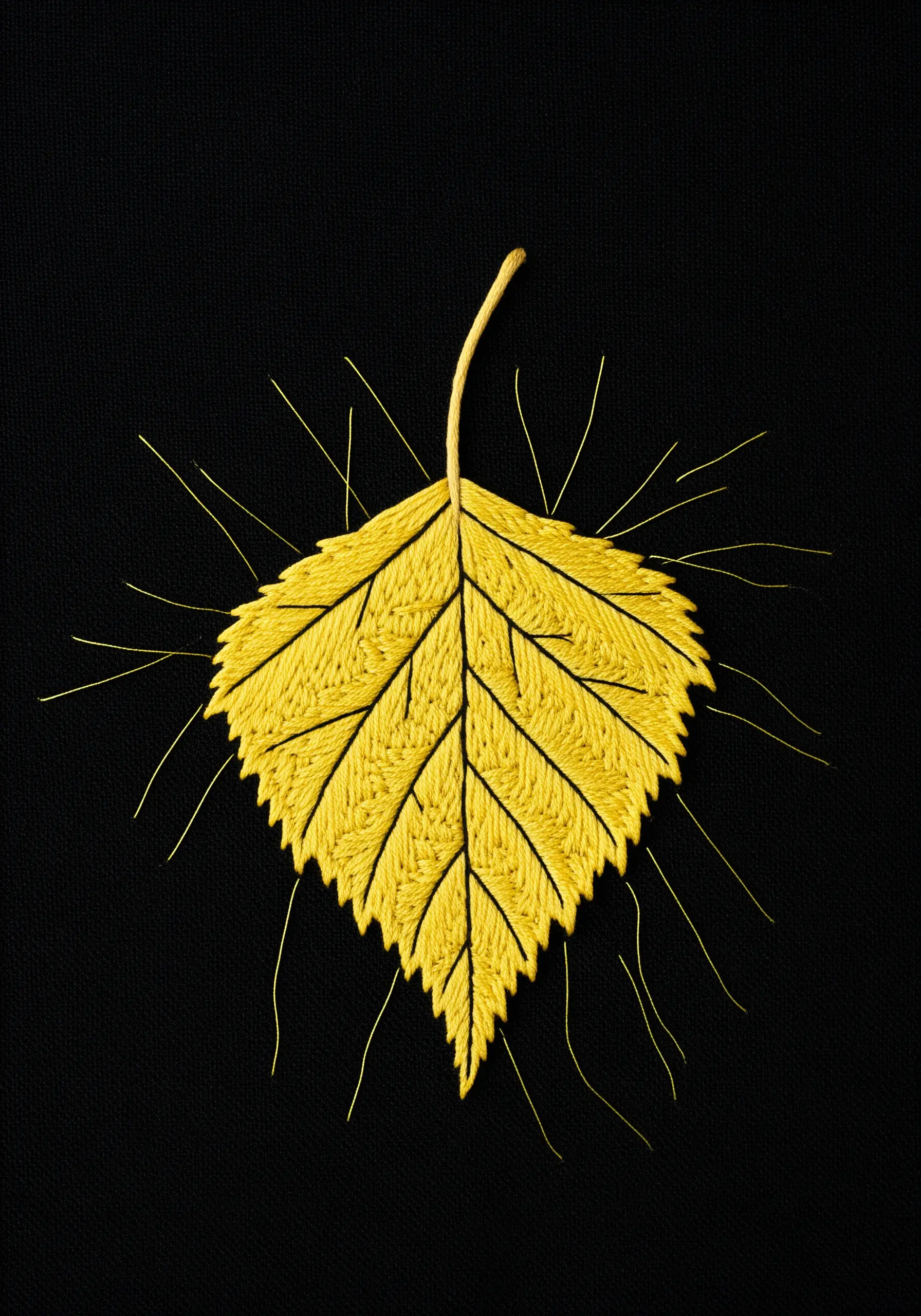 A yellow birch leaf on black fabric with radiating straight stitches around it.