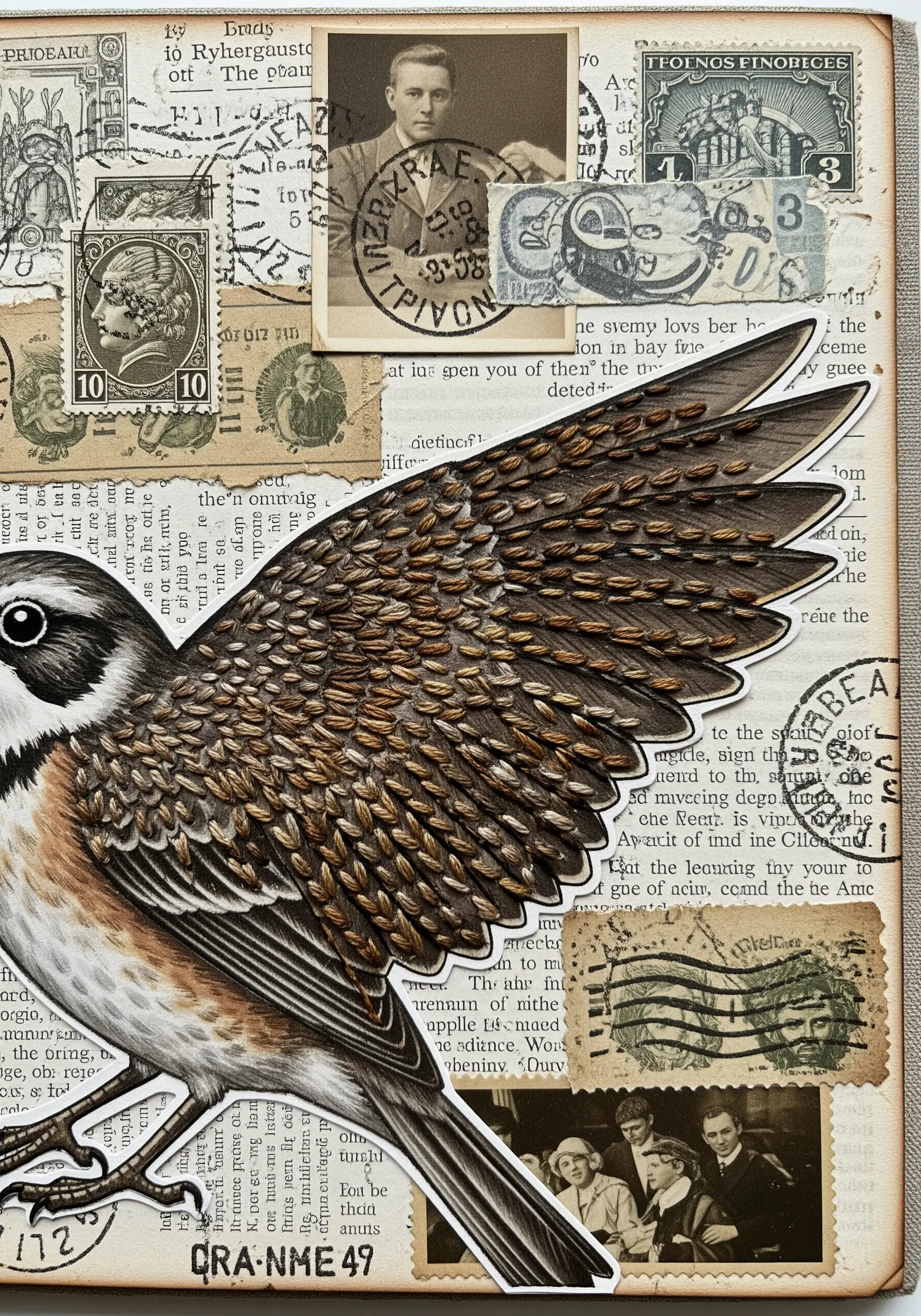 A printed bird illustration with seed stitches embroidered on its wing to create feather texture.
