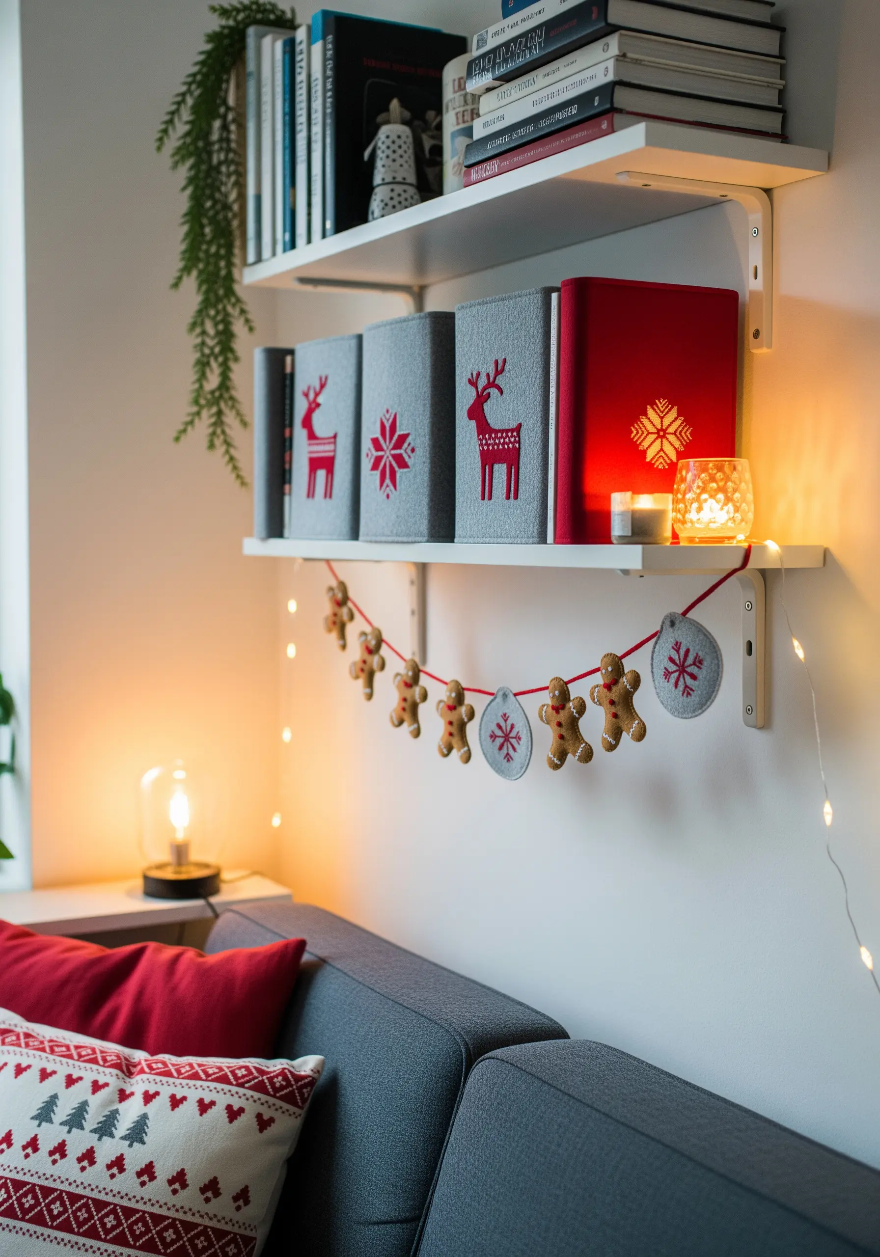 Books with grey fabric covers embroidered with red and white reindeer and snowflakes.