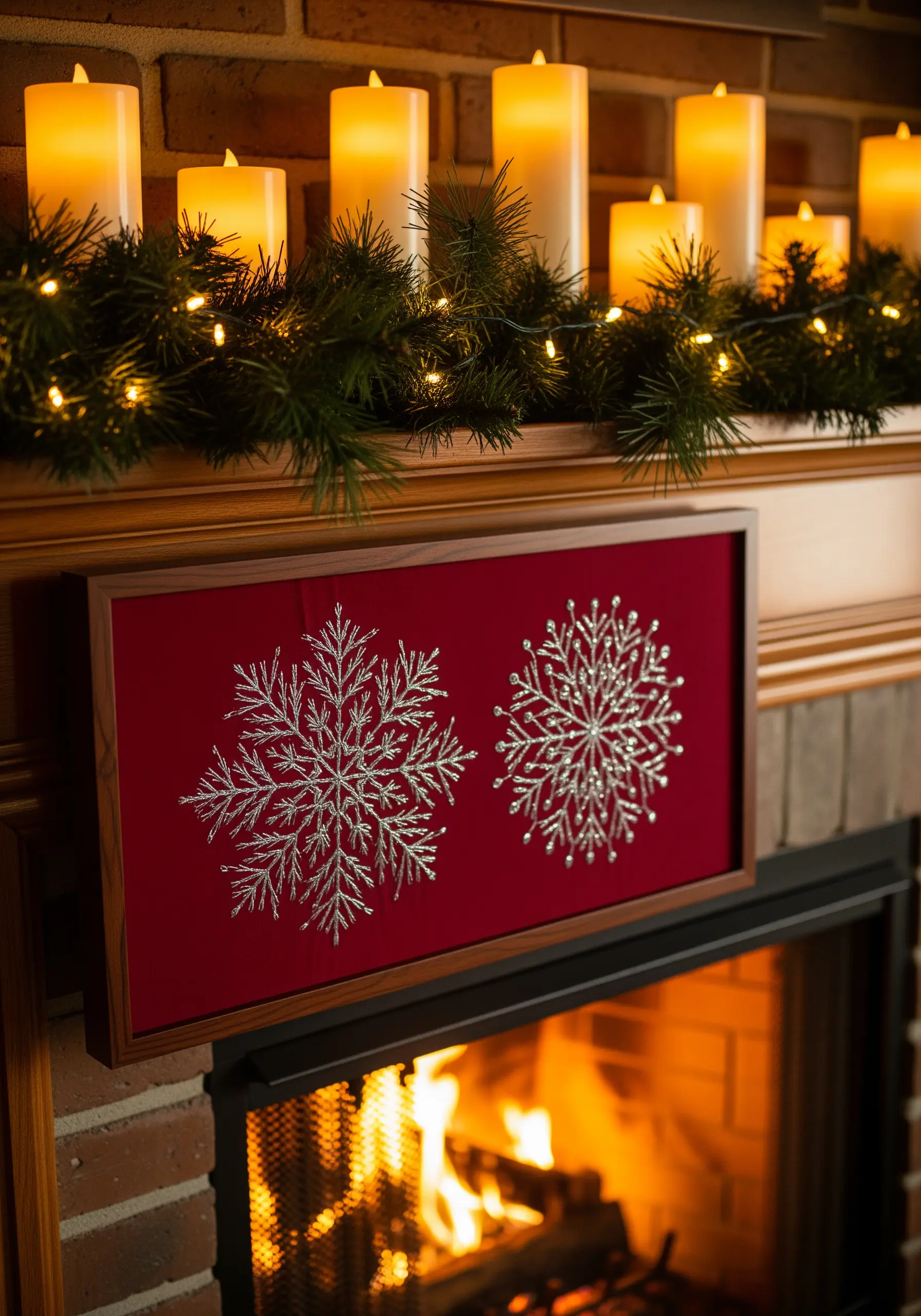 Embroidered silver snowflakes on red velvet, displayed on a fireplace mantel