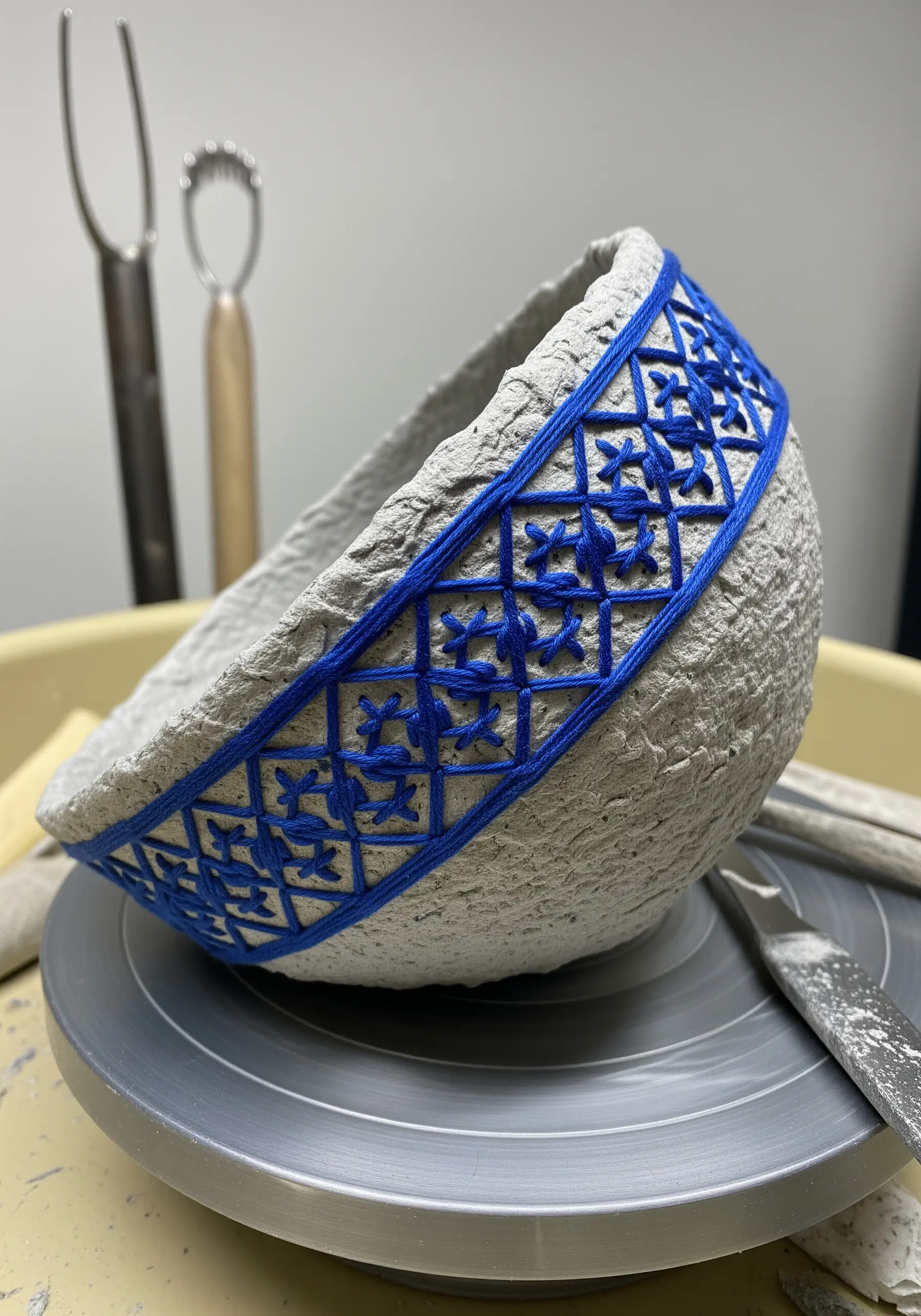 A rustic paper mache bowl with a bold blue geometric pattern embroidered around its rim.