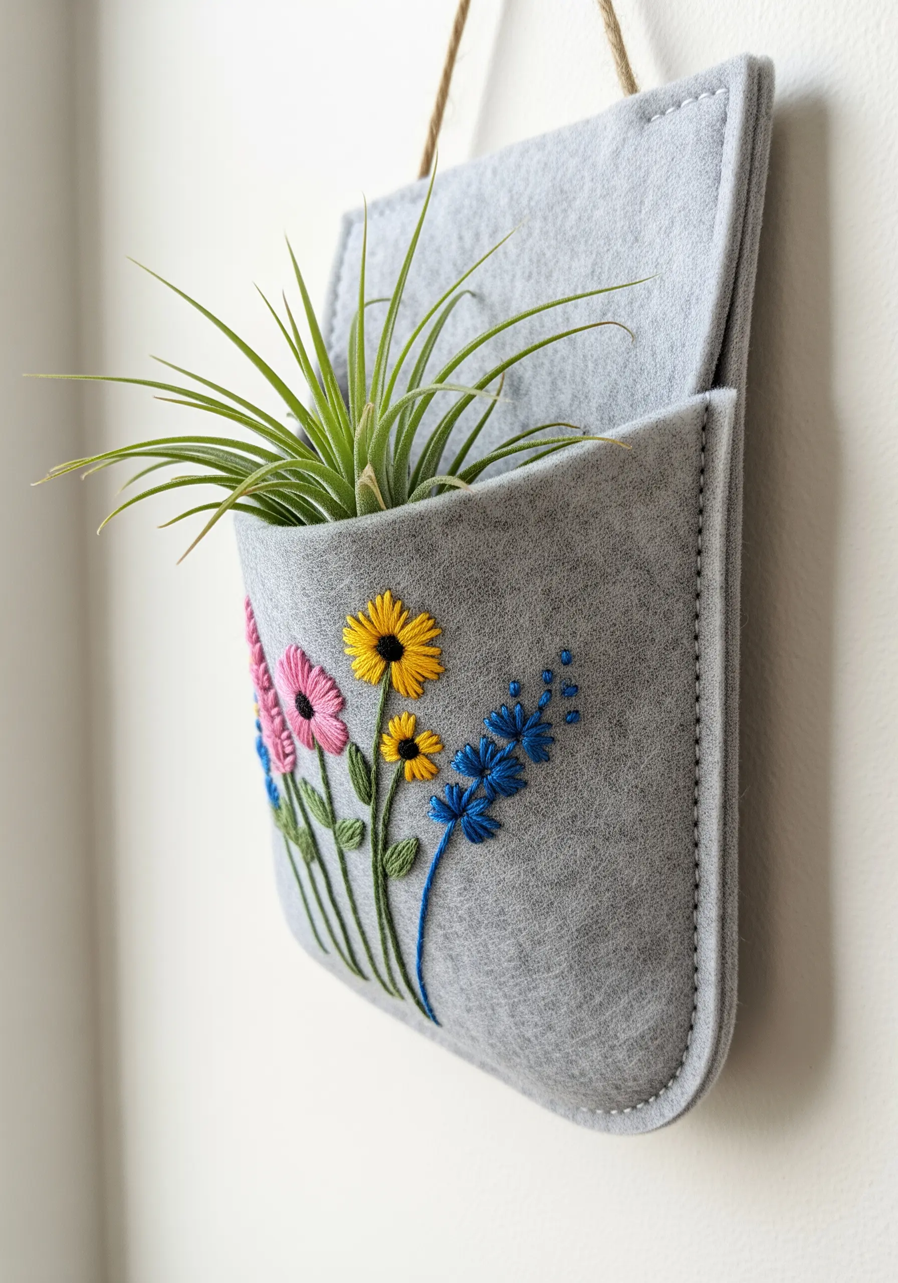 A gray felt wall pocket decorated with colorful embroidered wildflowers.