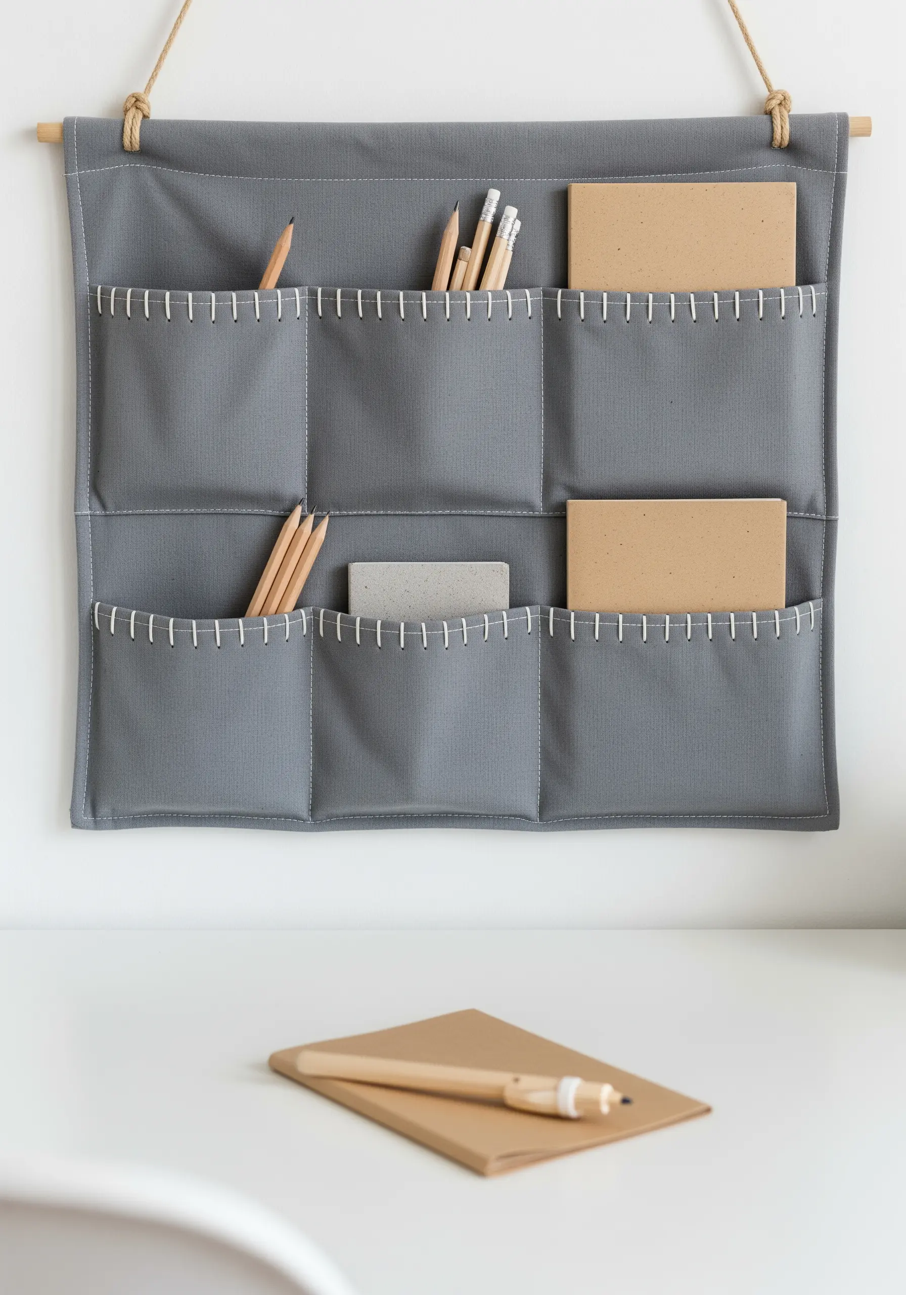 A grey fabric wall organizer with pockets outlined in a thick, white, functional blanket stitch.