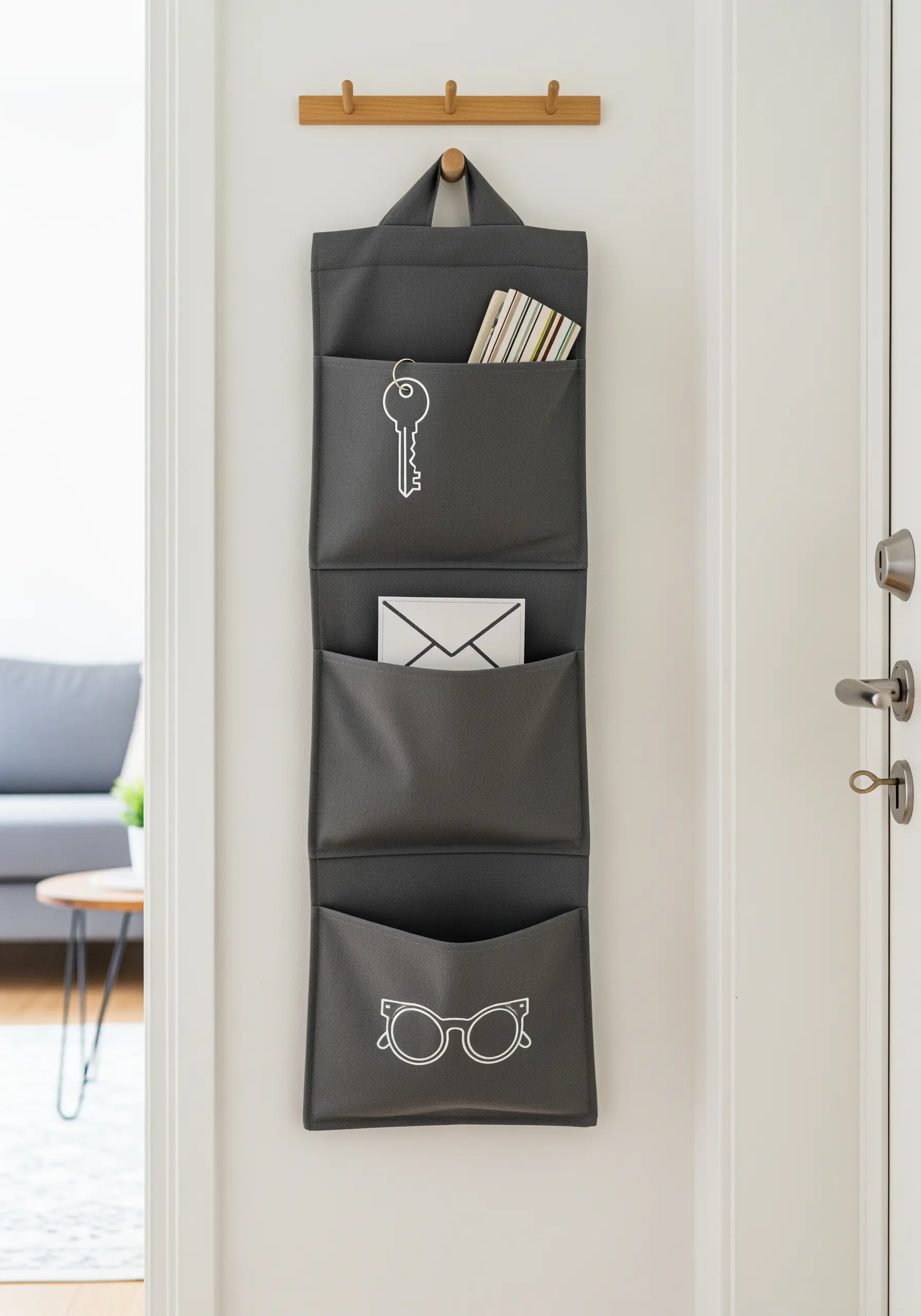 A grey fabric wall organizer with simple white embroidered icons of a key and glasses