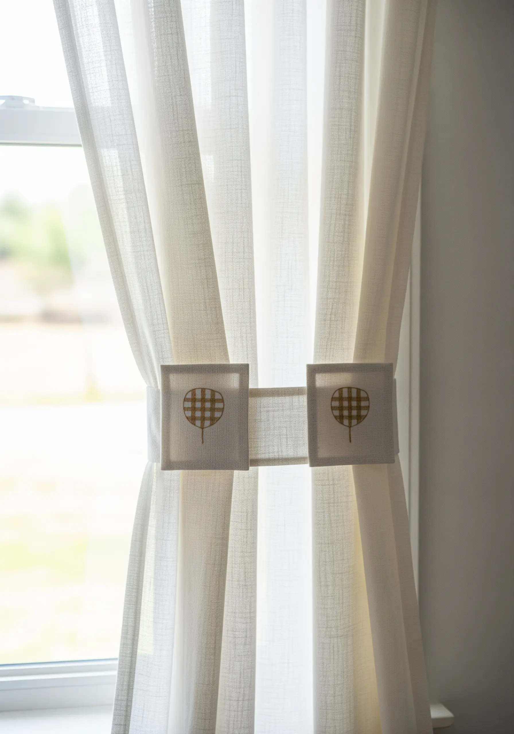 Linen curtain tie-back with a minimalist, geometric embroidered tree motif in gold.