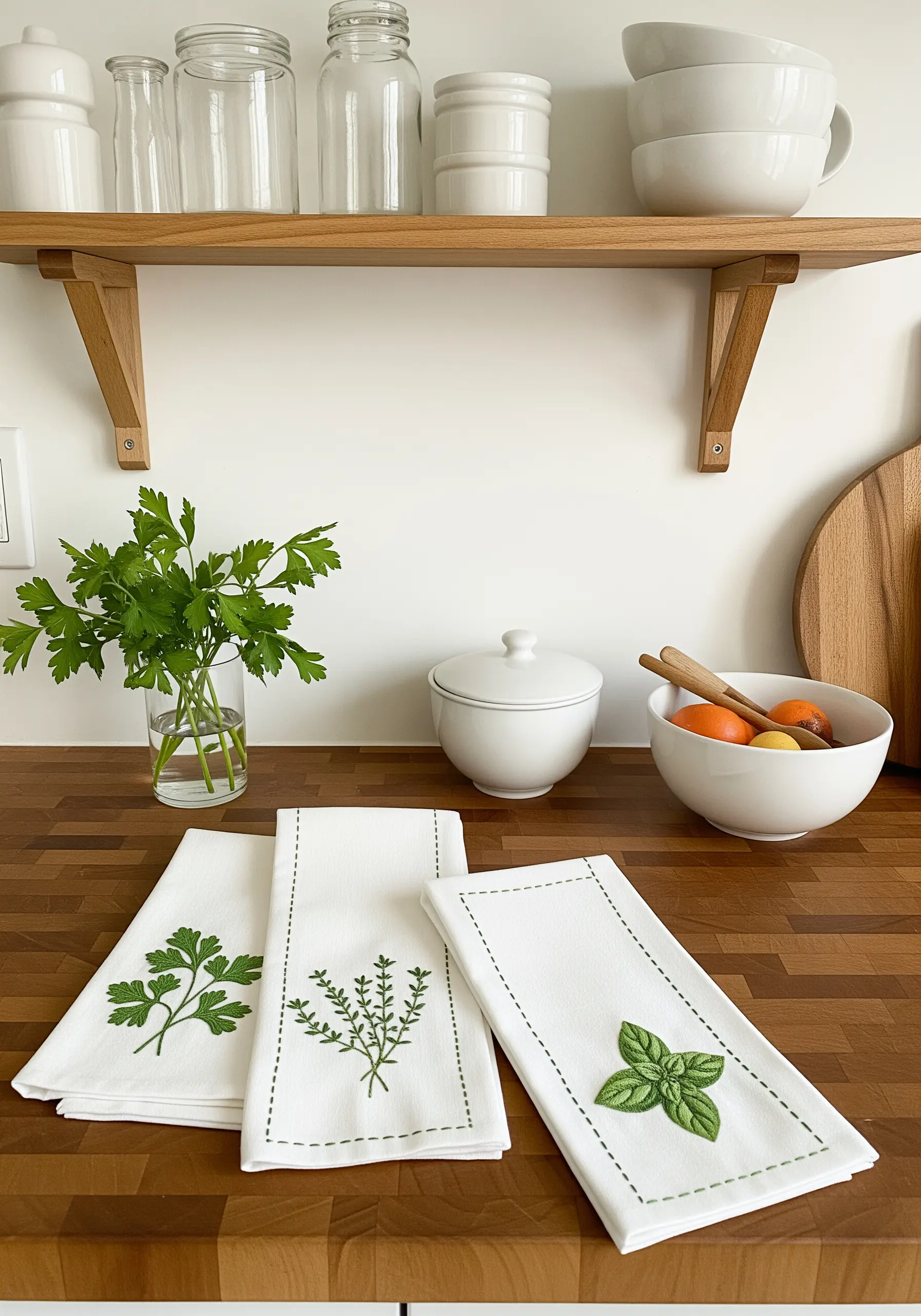 Three white kitchen towels, each embroidered with a different herb: parsley, thyme, and basil.