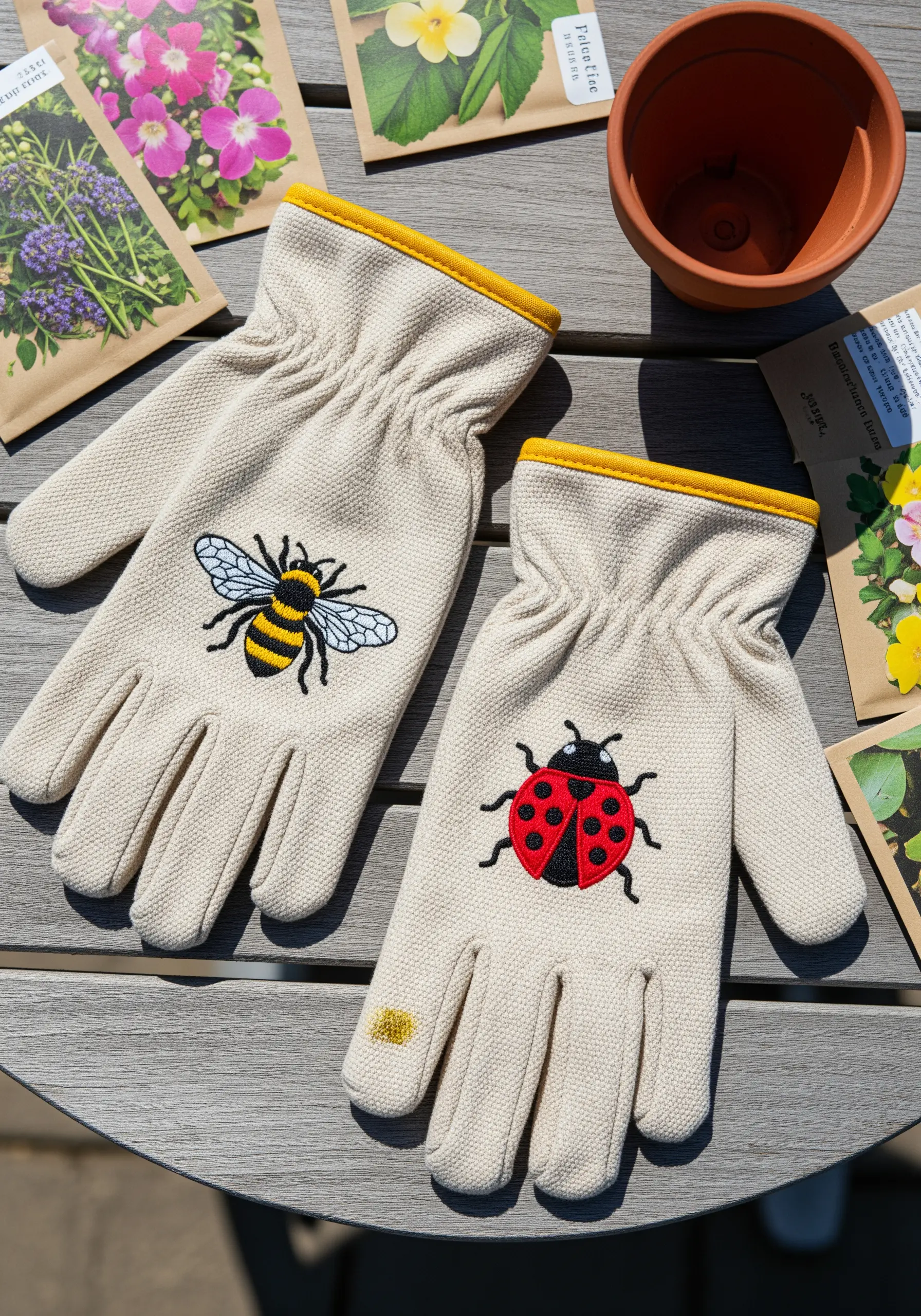 A pair of canvas gardening gloves, one embroidered with a bumblebee and the other with a ladybug.