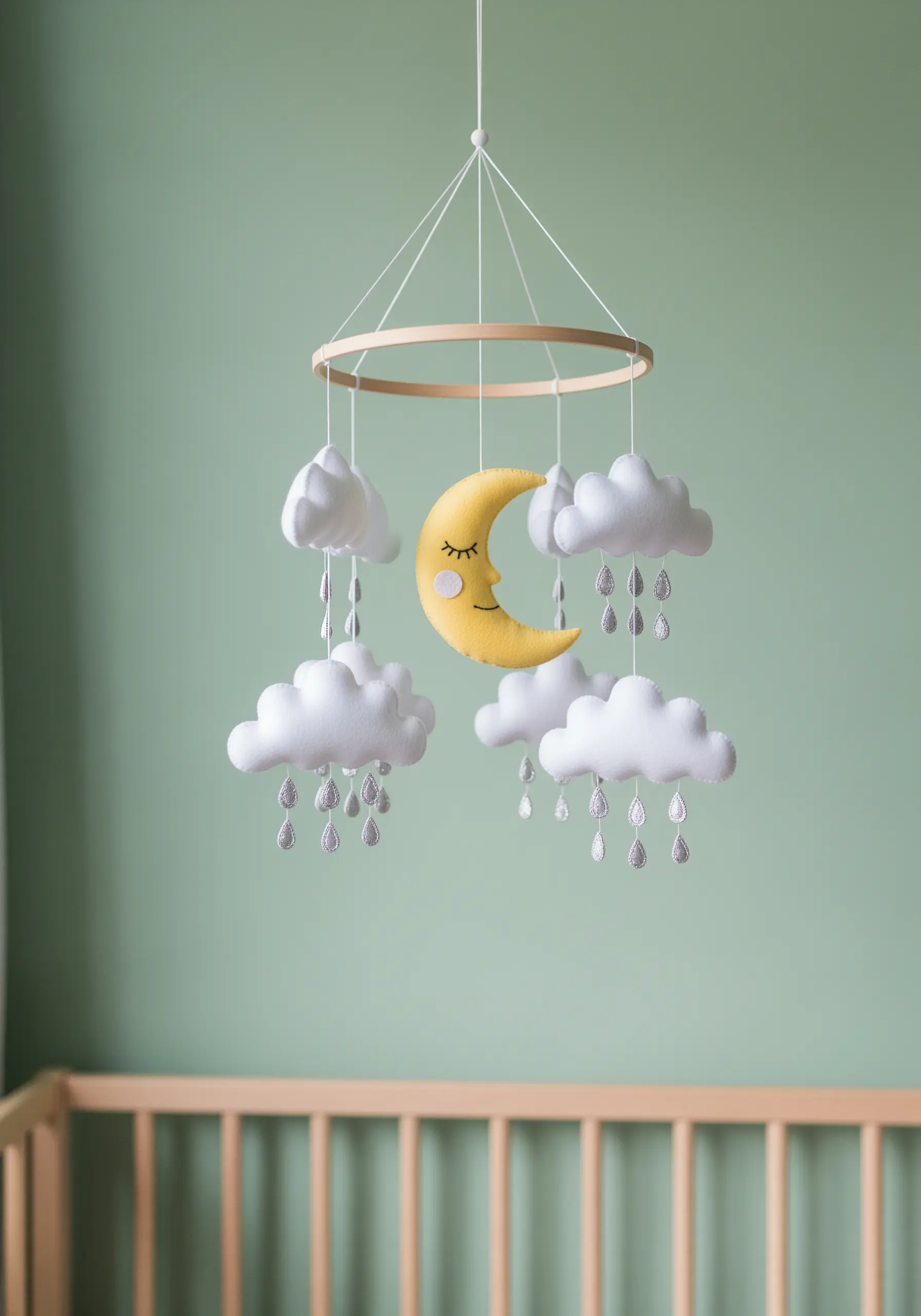 A nursery mobile made of felt clouds and a yellow crescent moon with embroidered details.