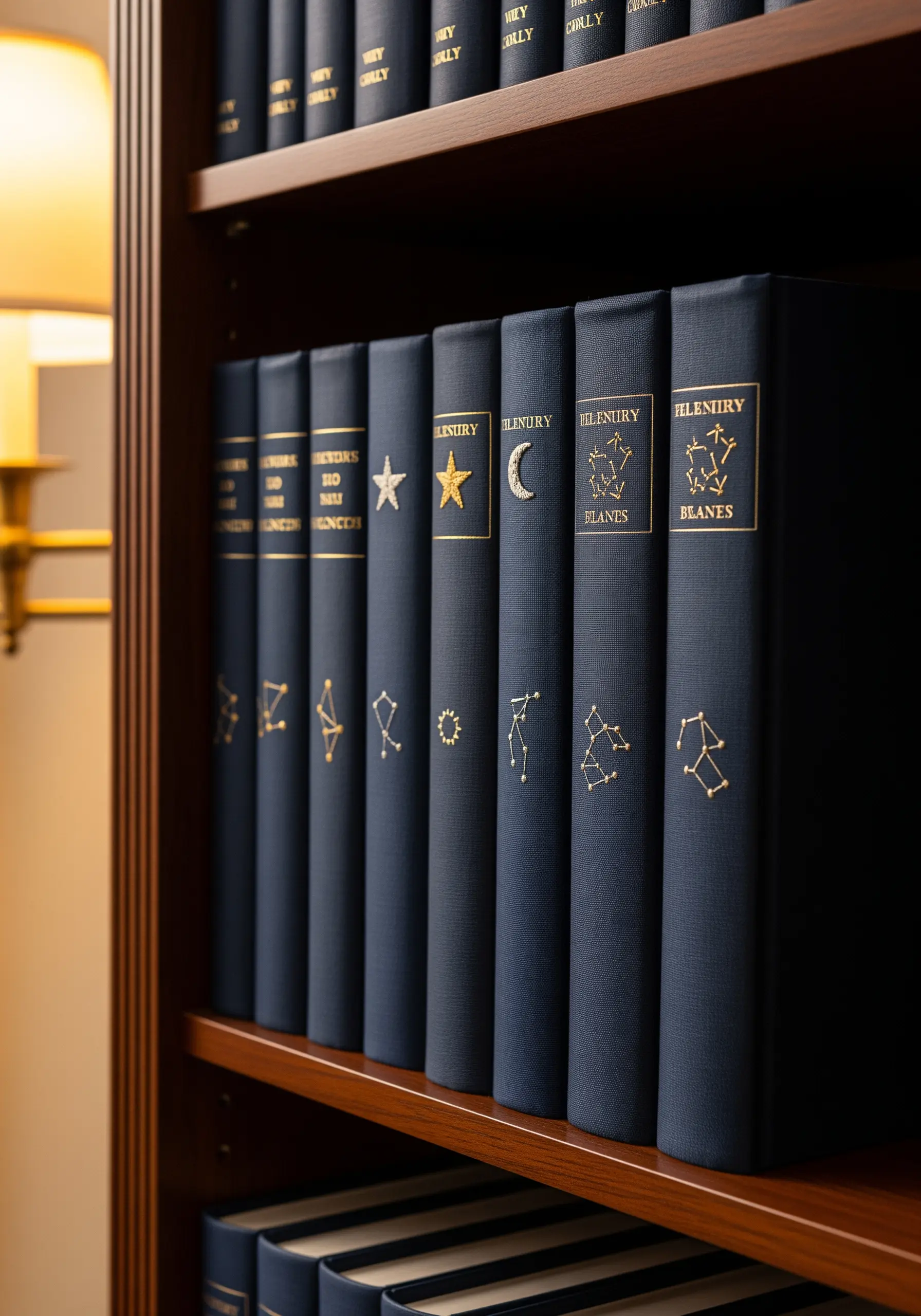 Gold metallic thread embroidered as constellations on dark blue book spines.