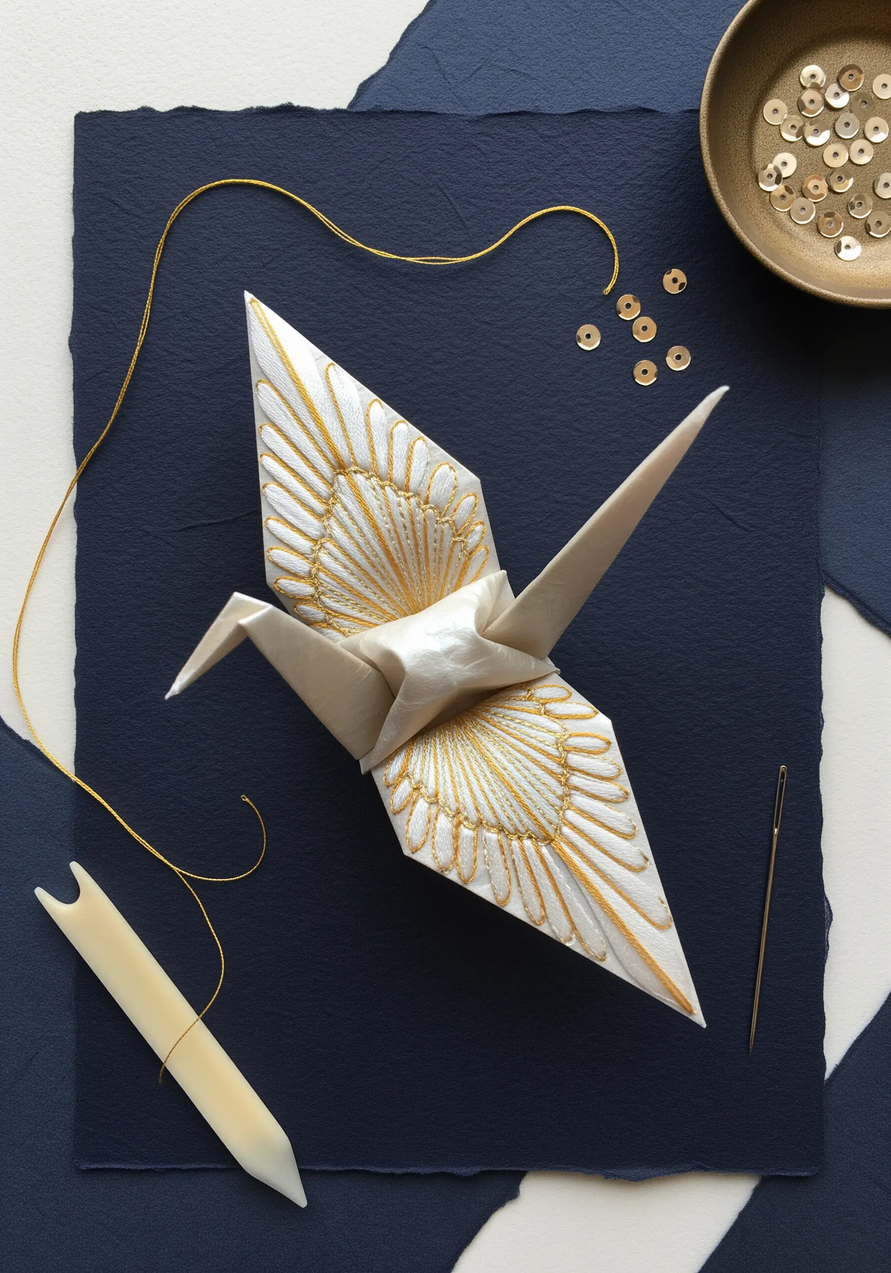 A white origami crane with its wings embellished with intricate gold thread embroidery.