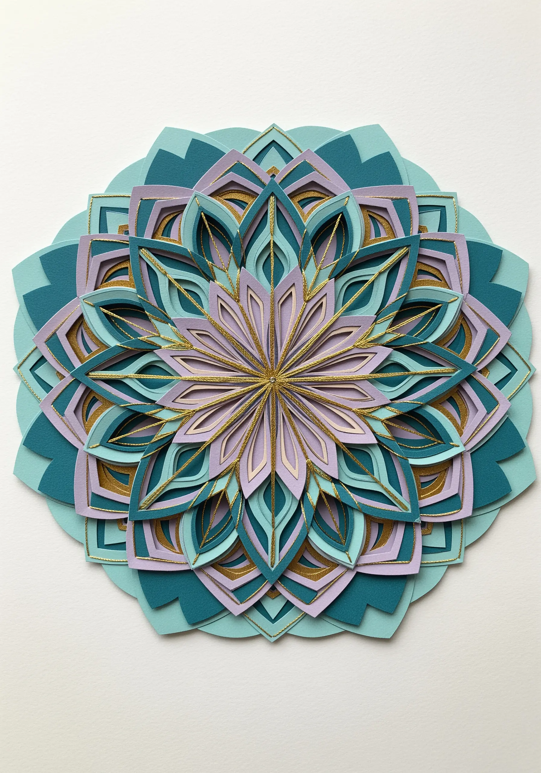 An intricate, multi-layered paper mandala in teal and lavender, with fine gold thread stitched accents.