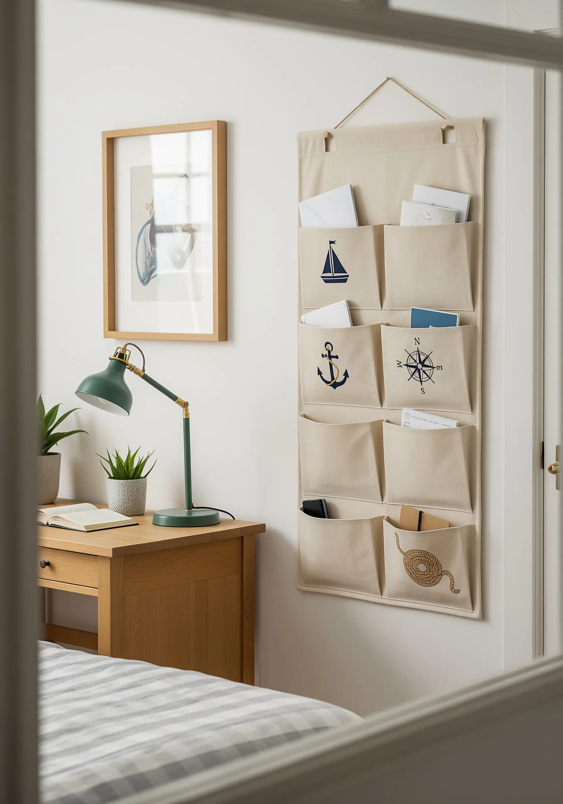 A canvas wall organizer with pockets, each embroidered with a simple nautical icon.
