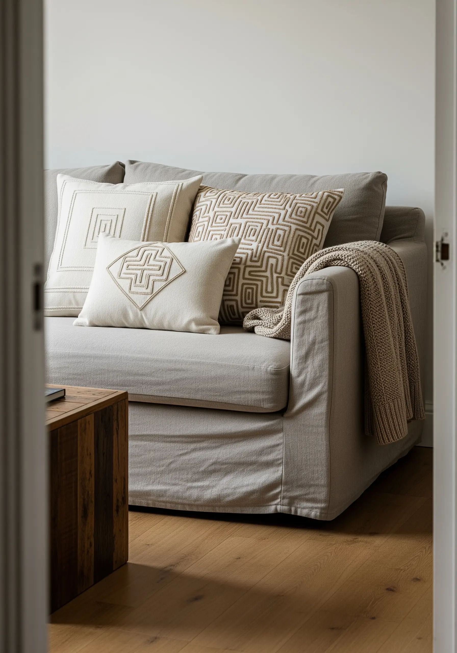 Embroidered cushion covers with raised geometric patterns in off-white and sand tones.
