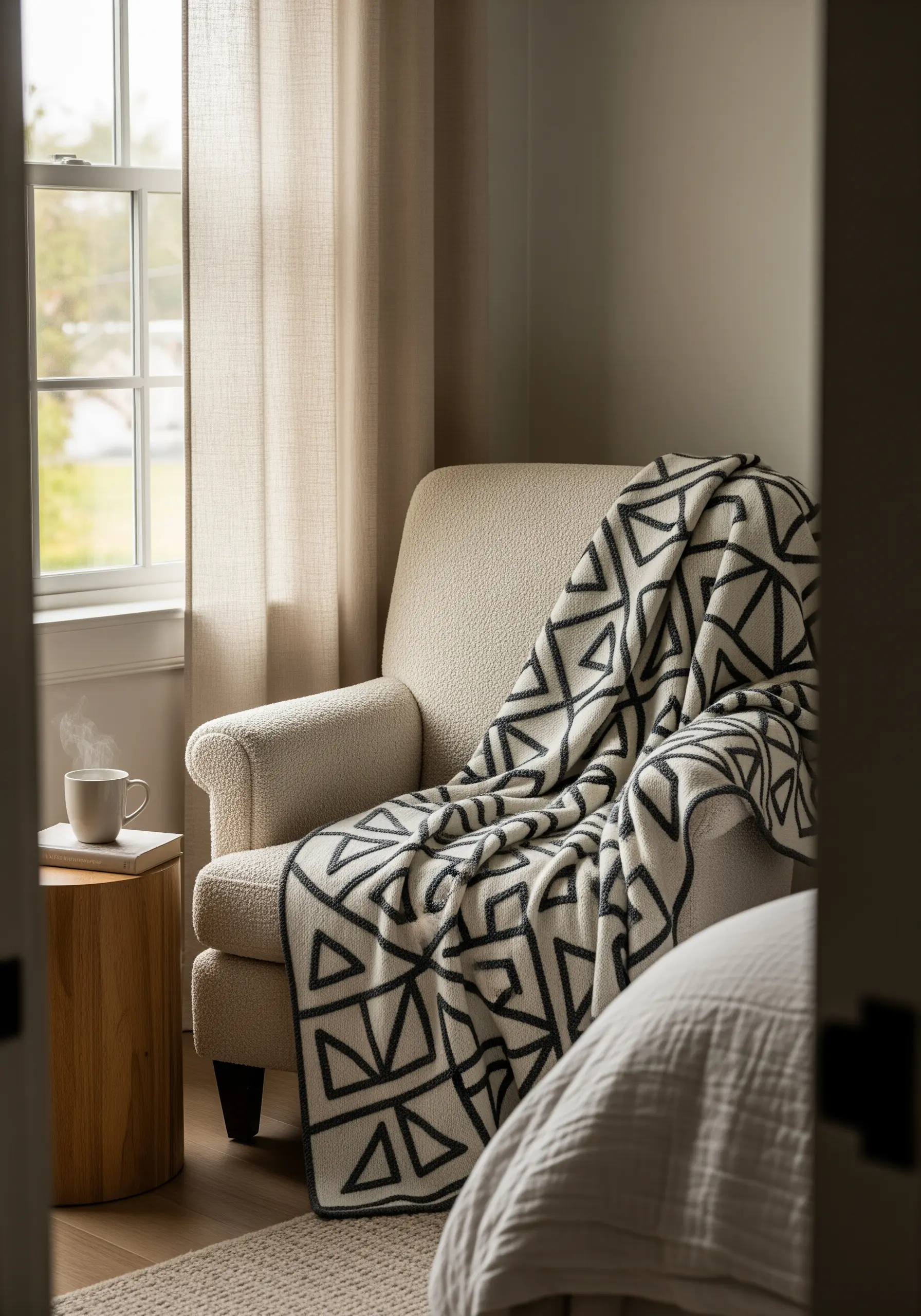 A close-up of a cream-colored throw blanket with a bold black geometric embroidered pattern.