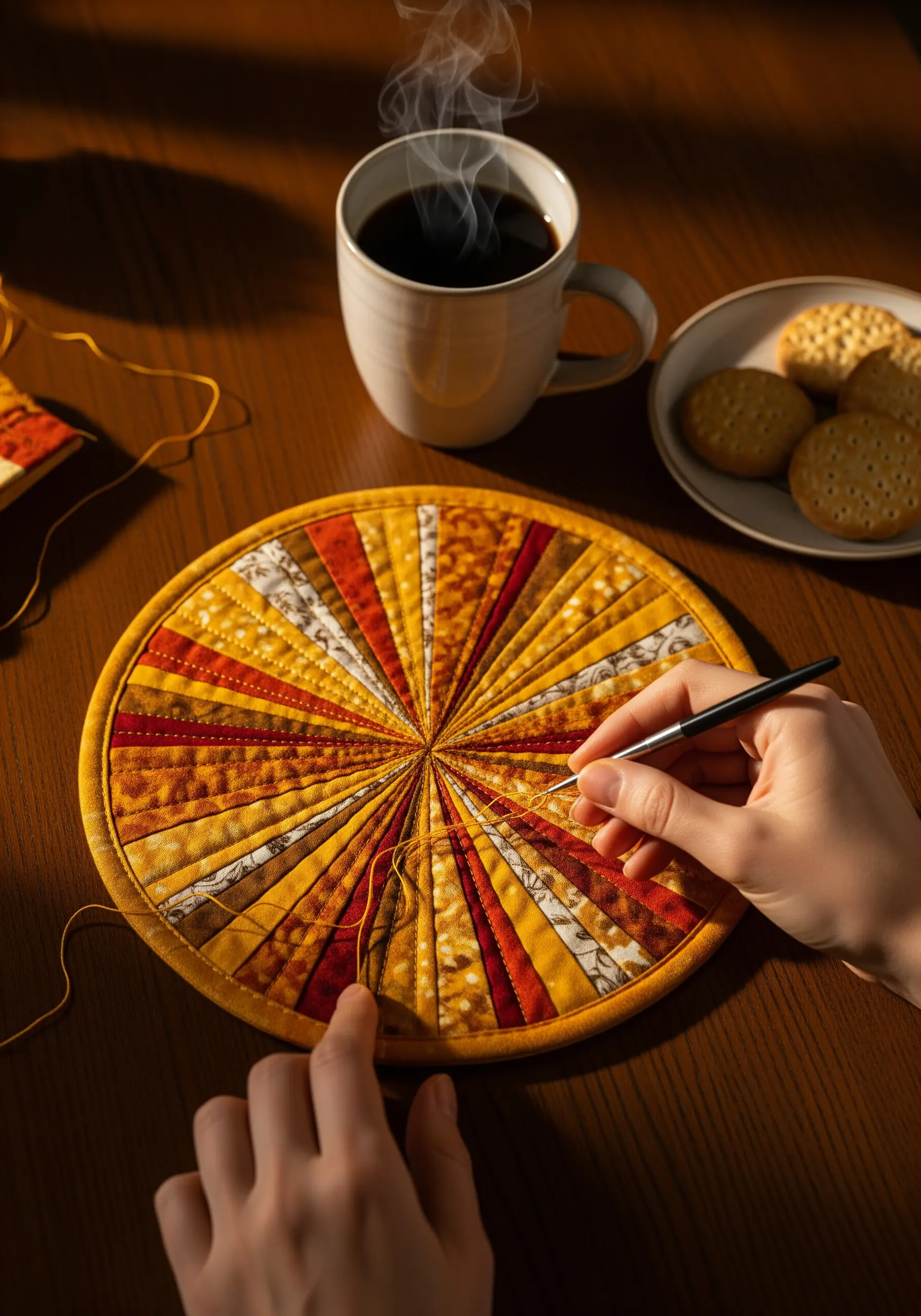 Hand-stitching decorative lines onto a round, quilted patchwork trivet in warm tones