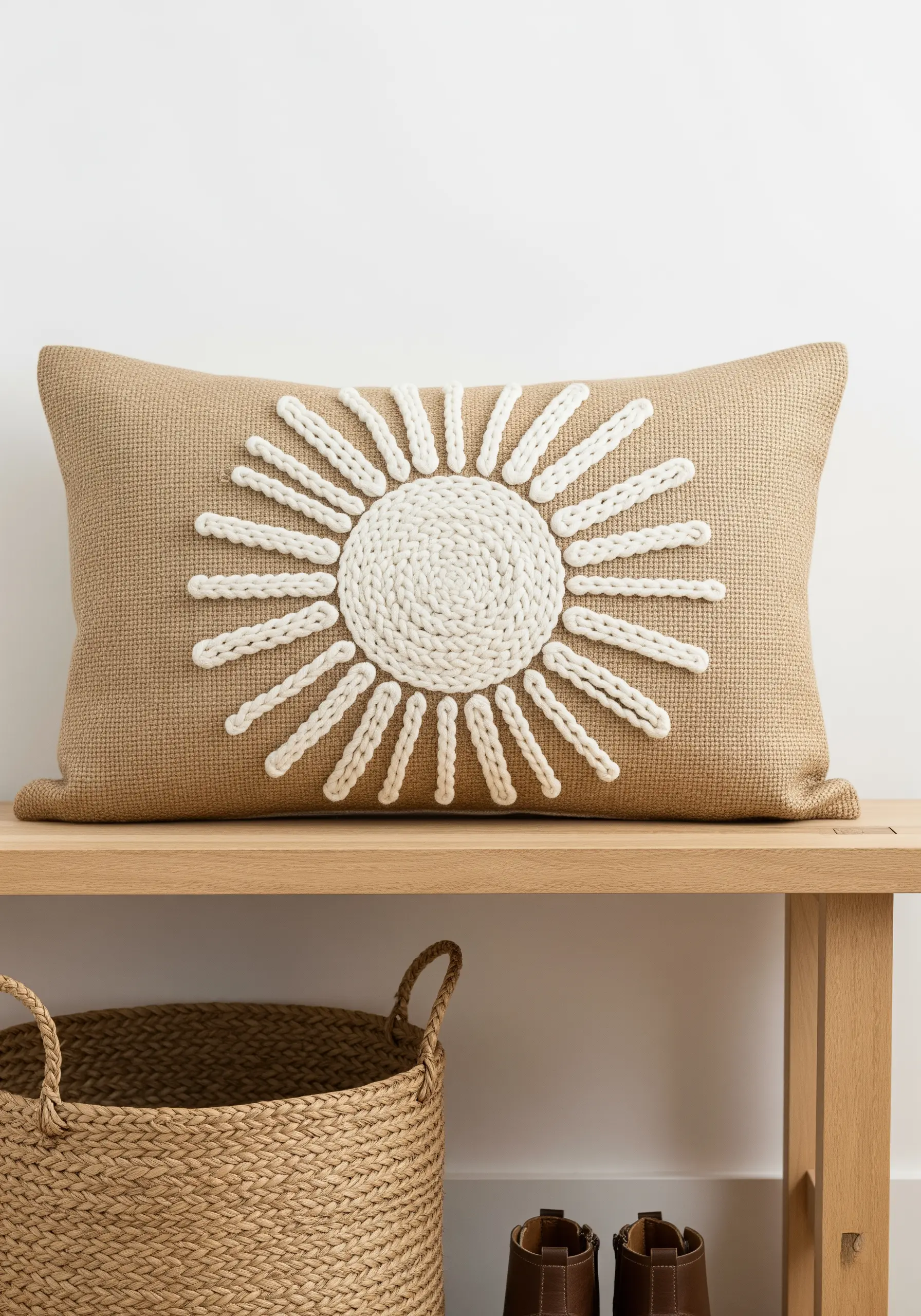 Burlap pillow with a large, textured sun motif made from chunky white yarn.