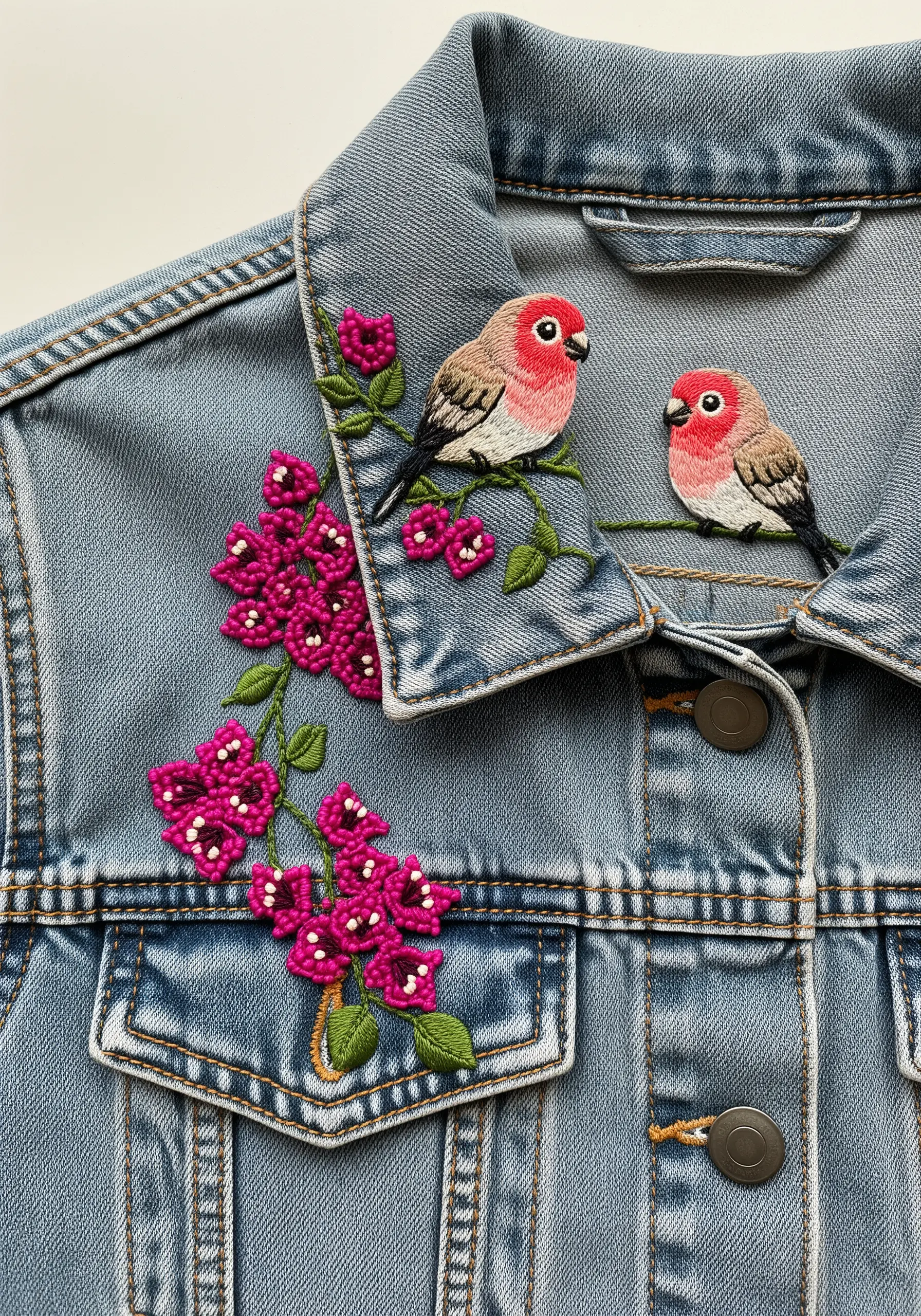 Two small pink-faced birds on a denim jacket collar with textured pink bougainvillea flowers.