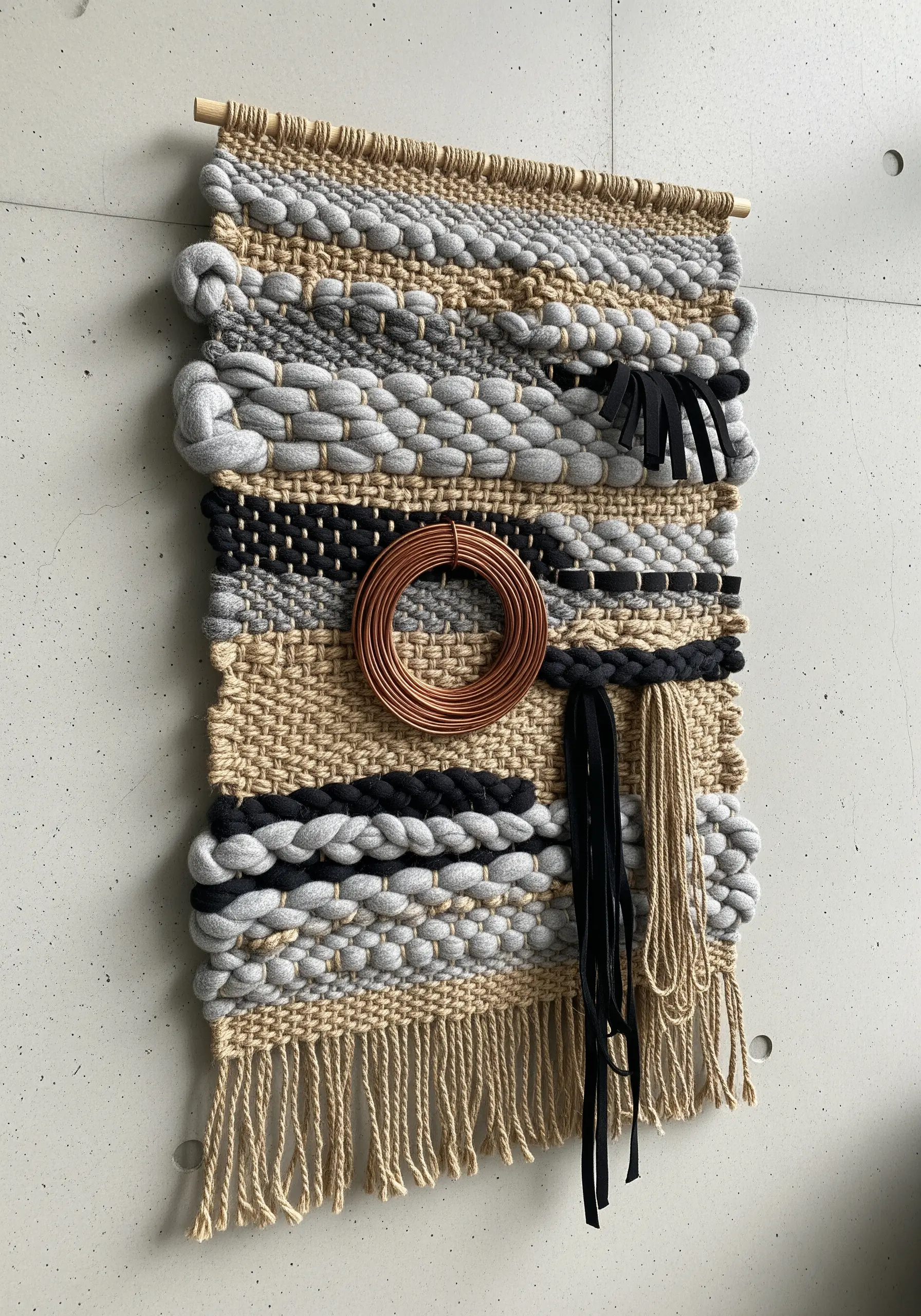 Woven wall hanging in neutral tones with a copper coil and black leather accents.