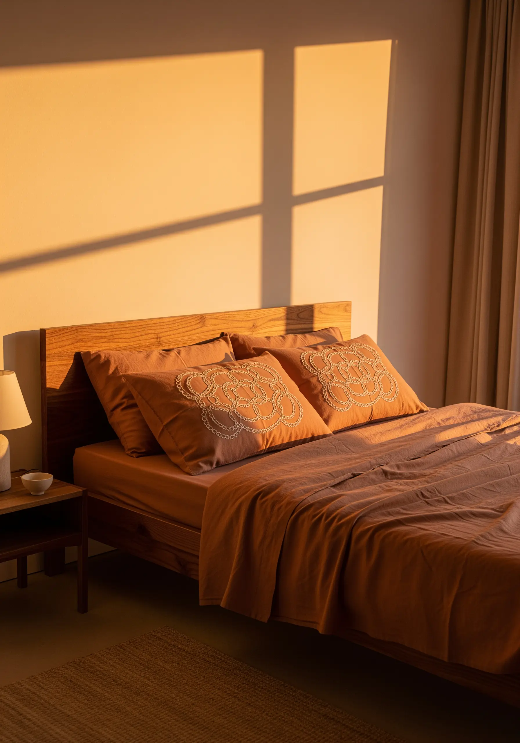 A complex, interlocking knotted chain stitch pattern embroidered in white on a terracotta pillow.