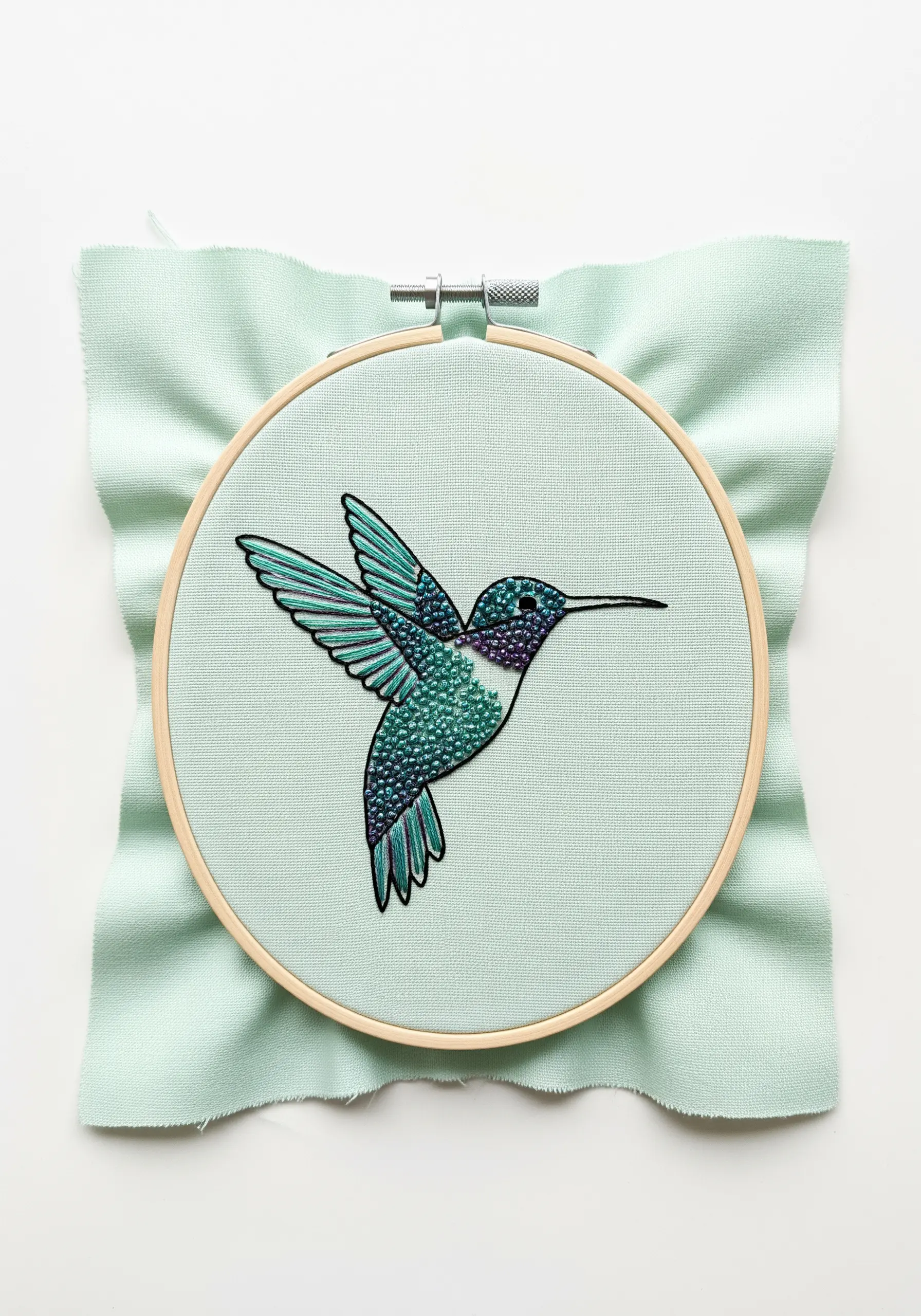 A colorful embroidered hummingbird with seed stitches for texture and a black outline.