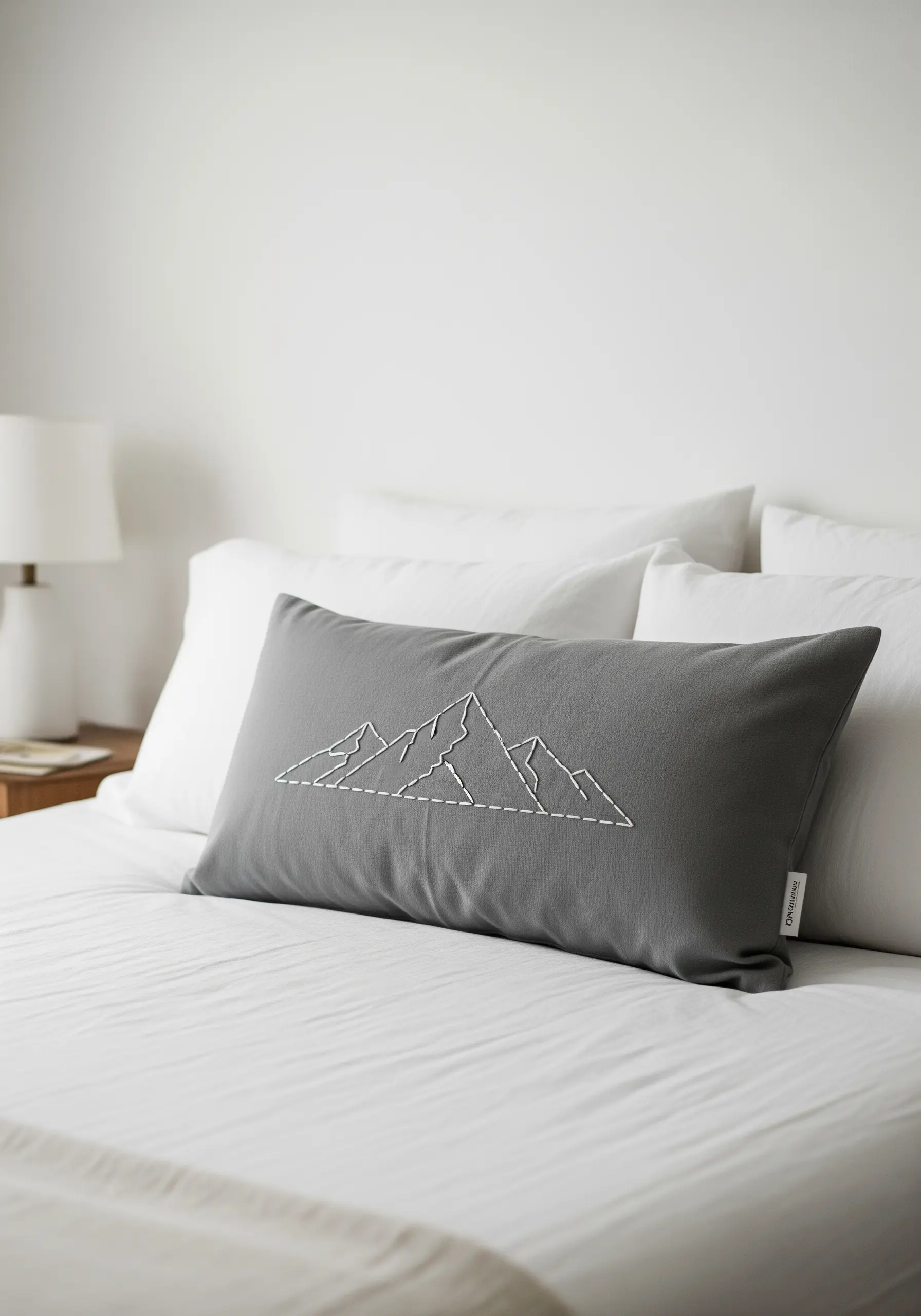 A grey lumbar pillow with a minimalist mountain range embroidered in white thread.