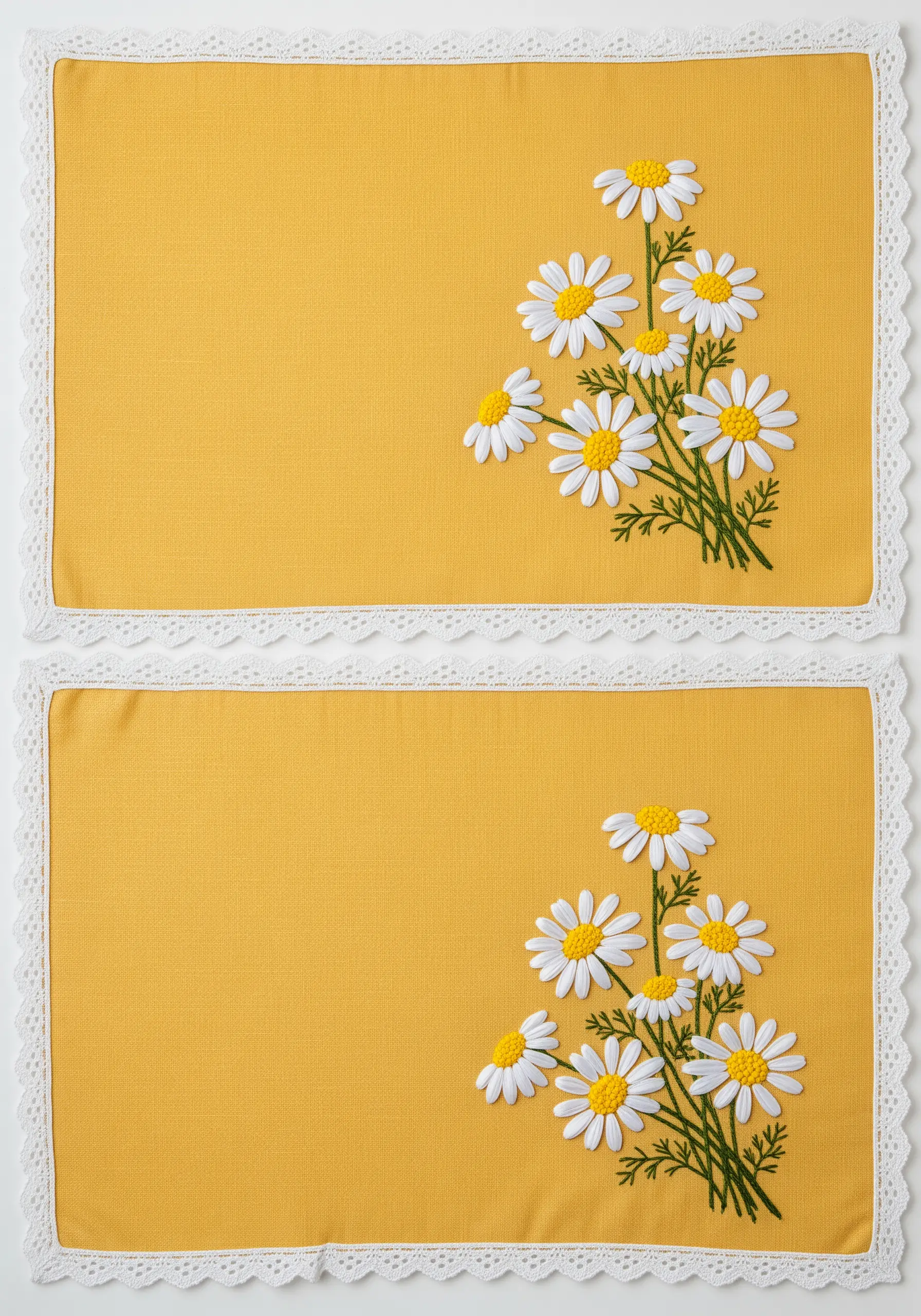 3D ribbon embroidery daisies with yellow French knot centers on yellow placemats.