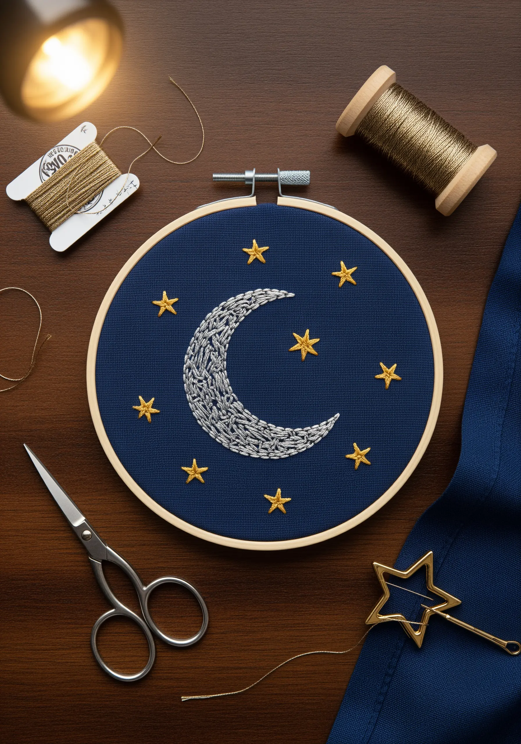A silver metallic thread moon with textured stitches on dark navy fabric, surrounded by gold stars.