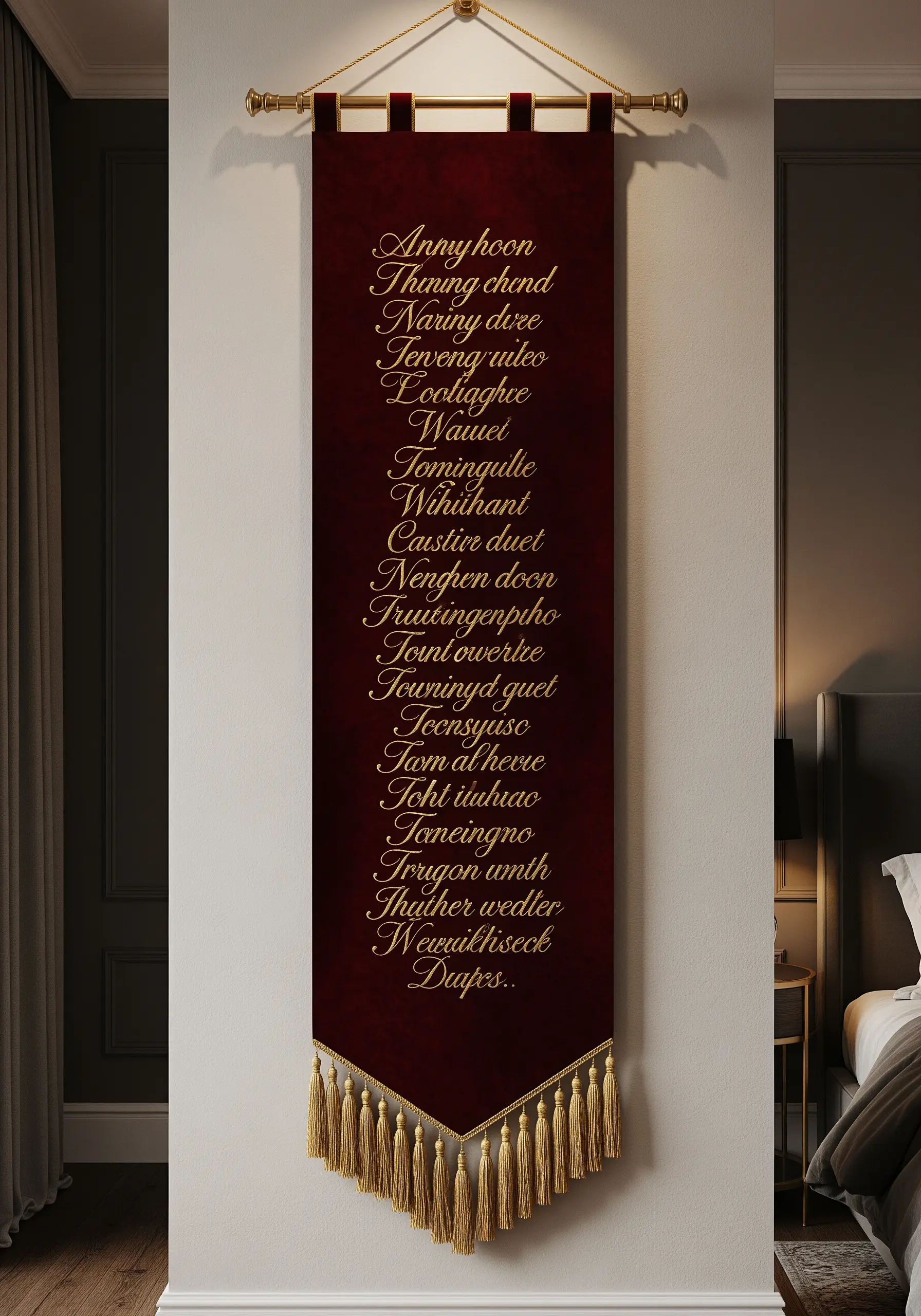 A long velvet banner in deep red with elegant script embroidered in gold thread.