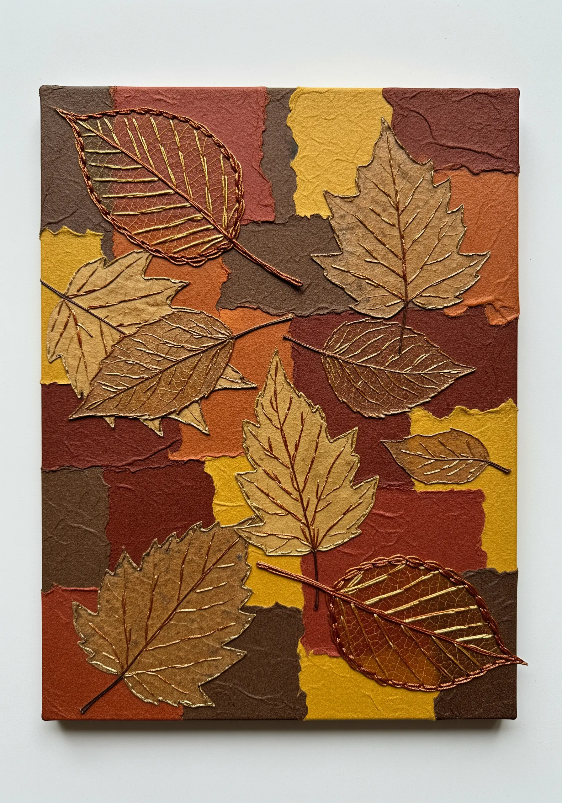 Paper leaves with stitched gold metallic veins on a brown and yellow collage background.