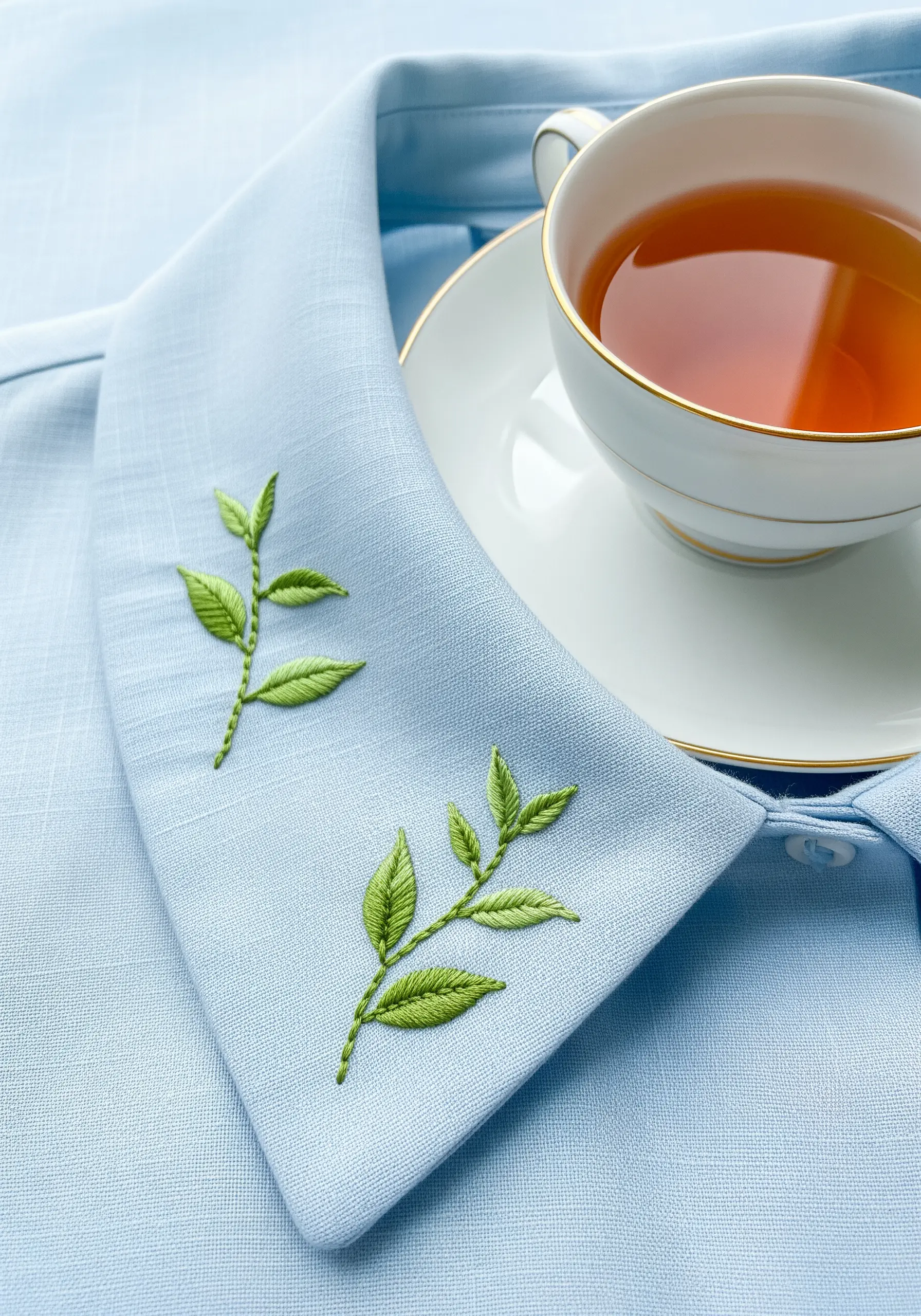 Two small, delicate green leaf sprigs embroidered on the collar of a light blue shirt.