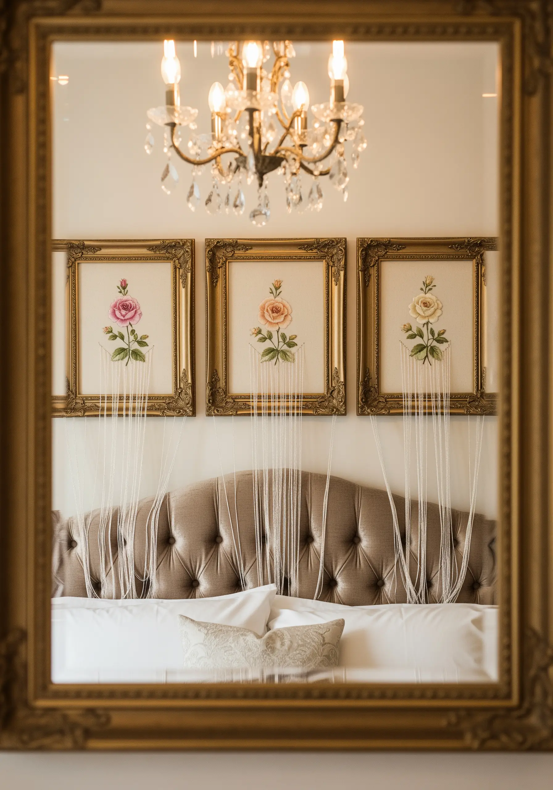 Three framed rose embroideries with long, trailing threads hanging down over a tufted headboard.