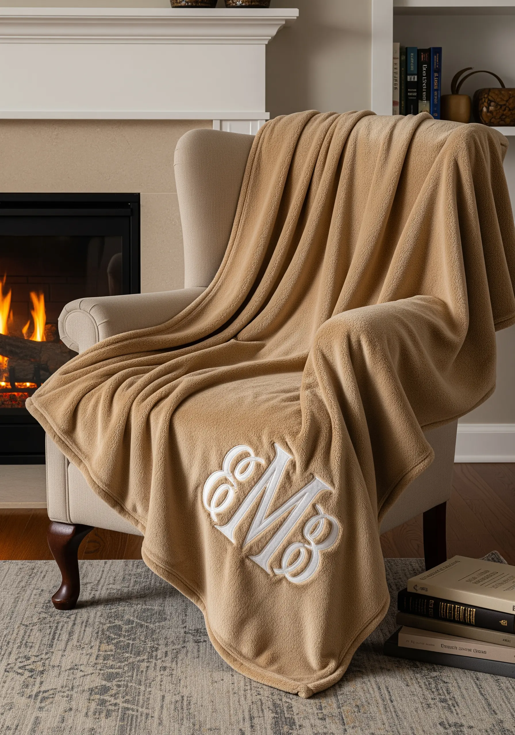 A large, elegant white monogram embroidered on the corner of a plush tan fleece blanket.