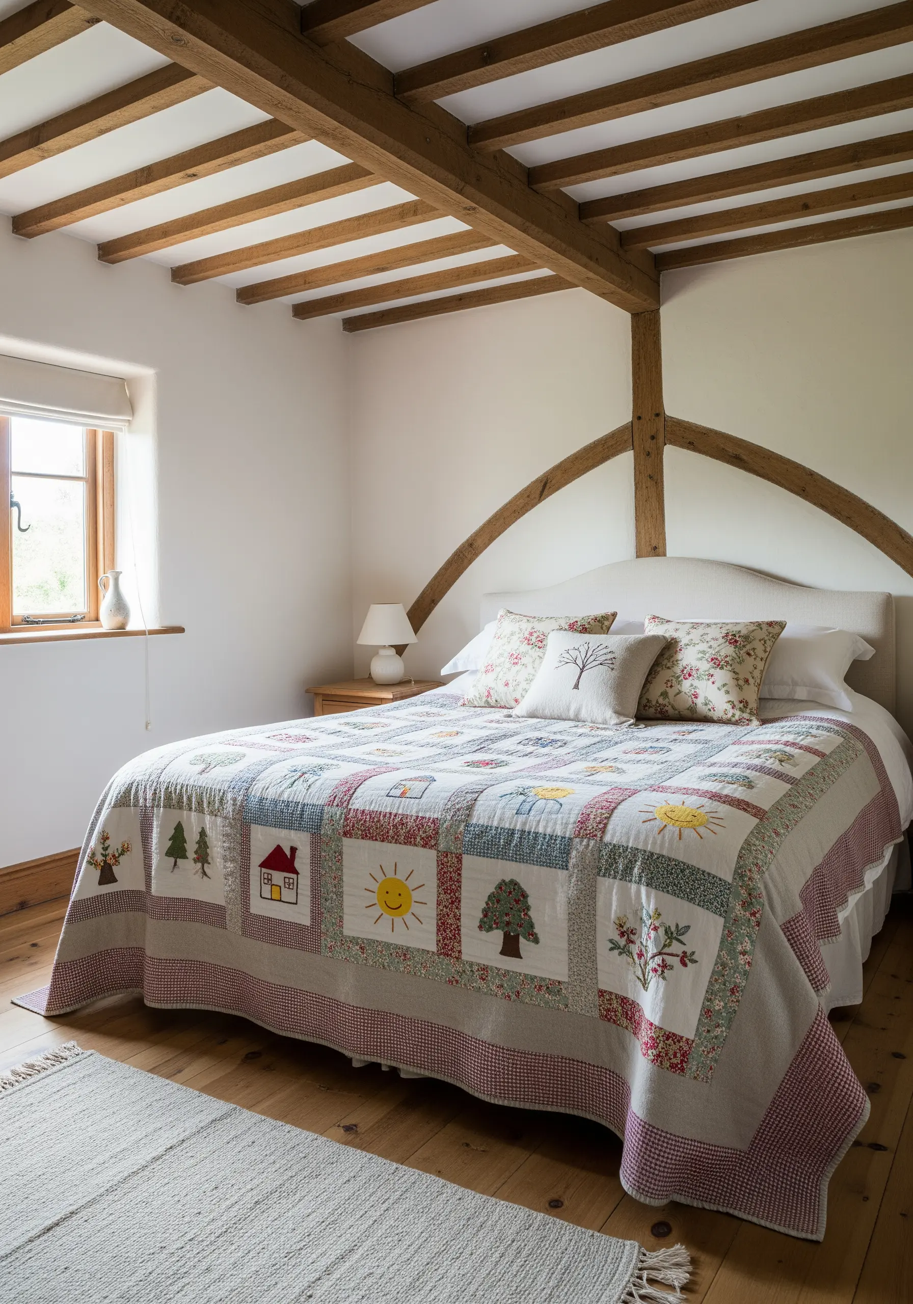 A patchwork quilt with simple, hand-embroidered motifs like a house and sun in some squares.