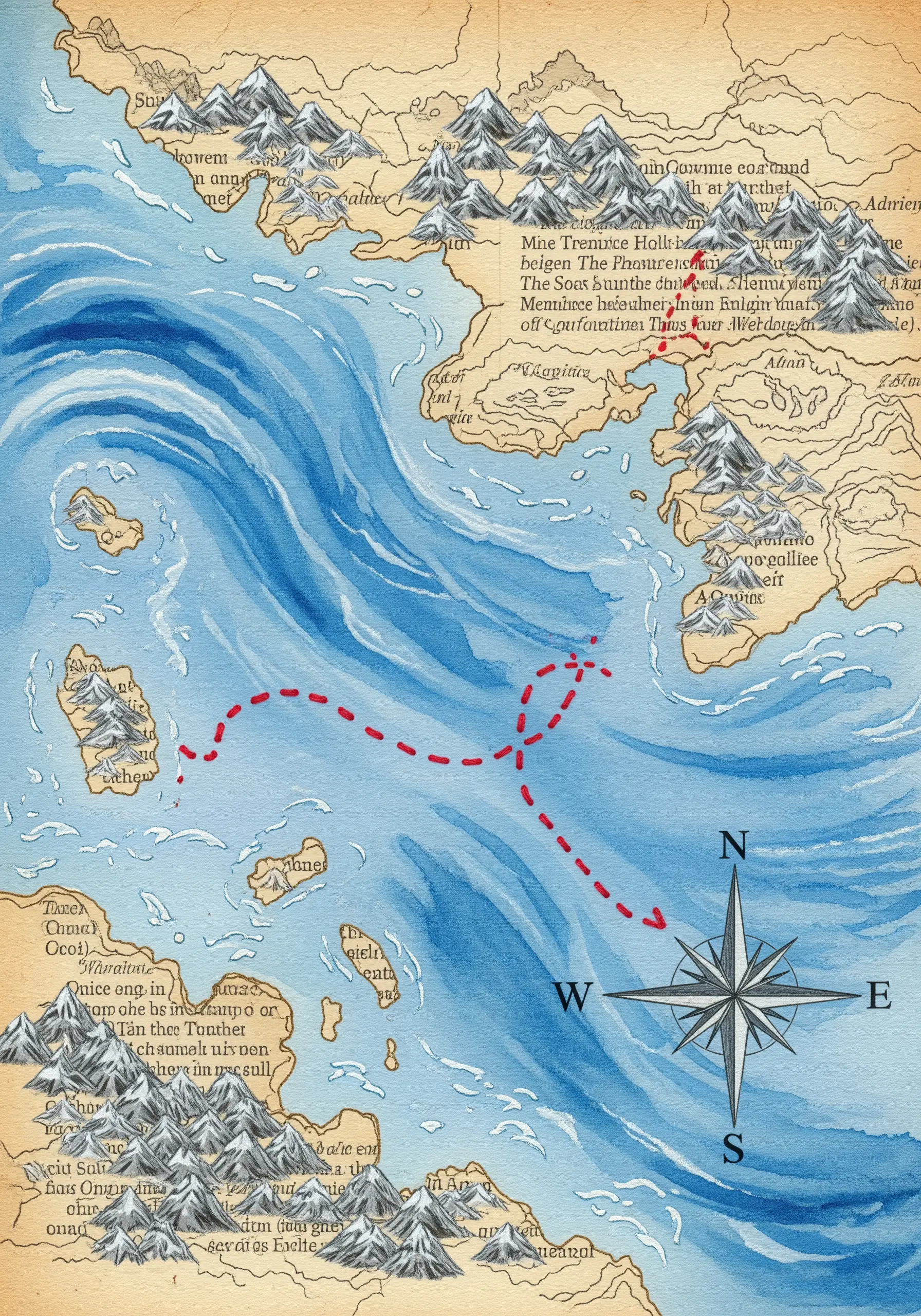 A painted map collage with a journey marked by a dashed red running stitch.