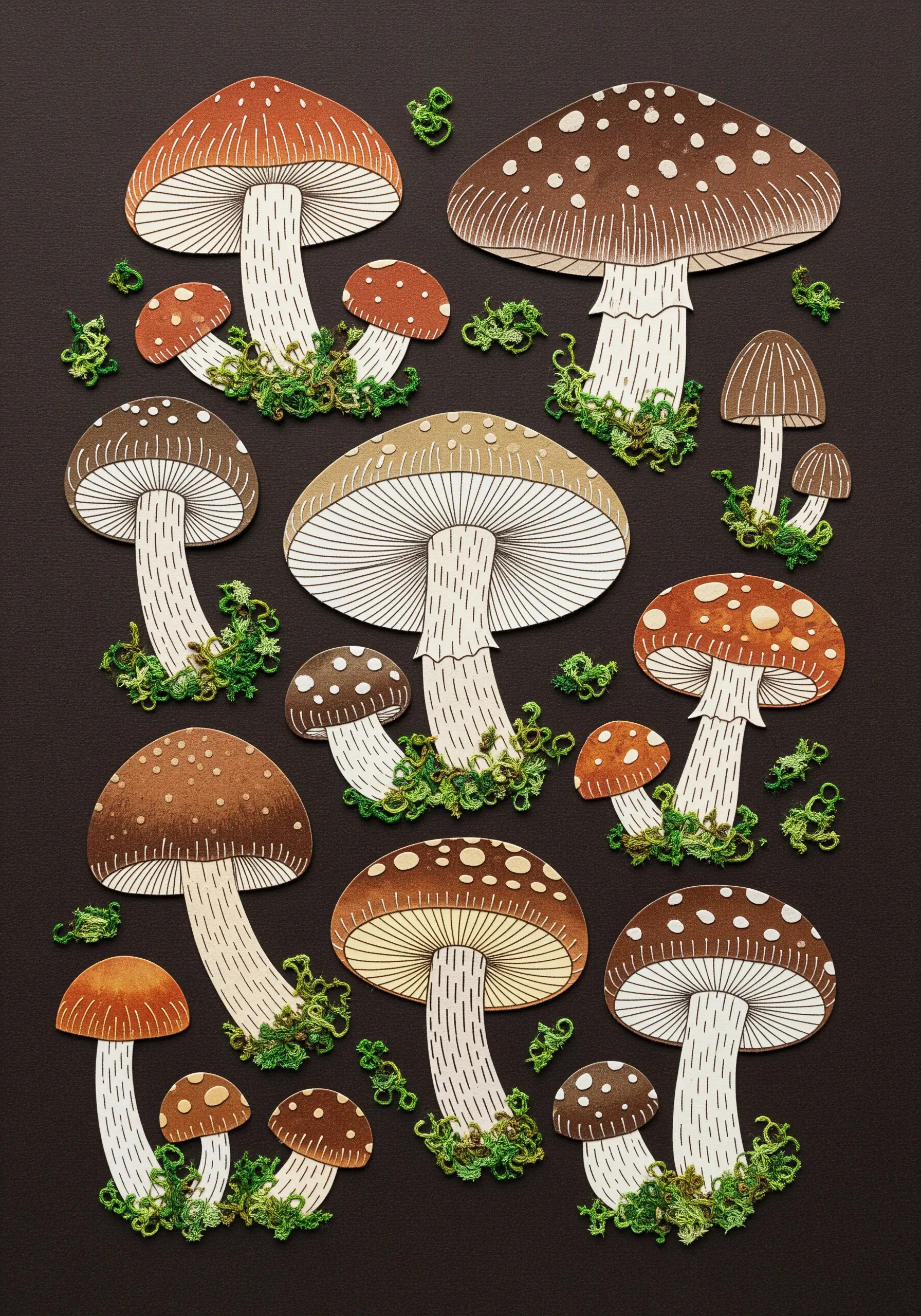 A collage of paper mushroom illustrations with mossy texture at the base made from green thread.