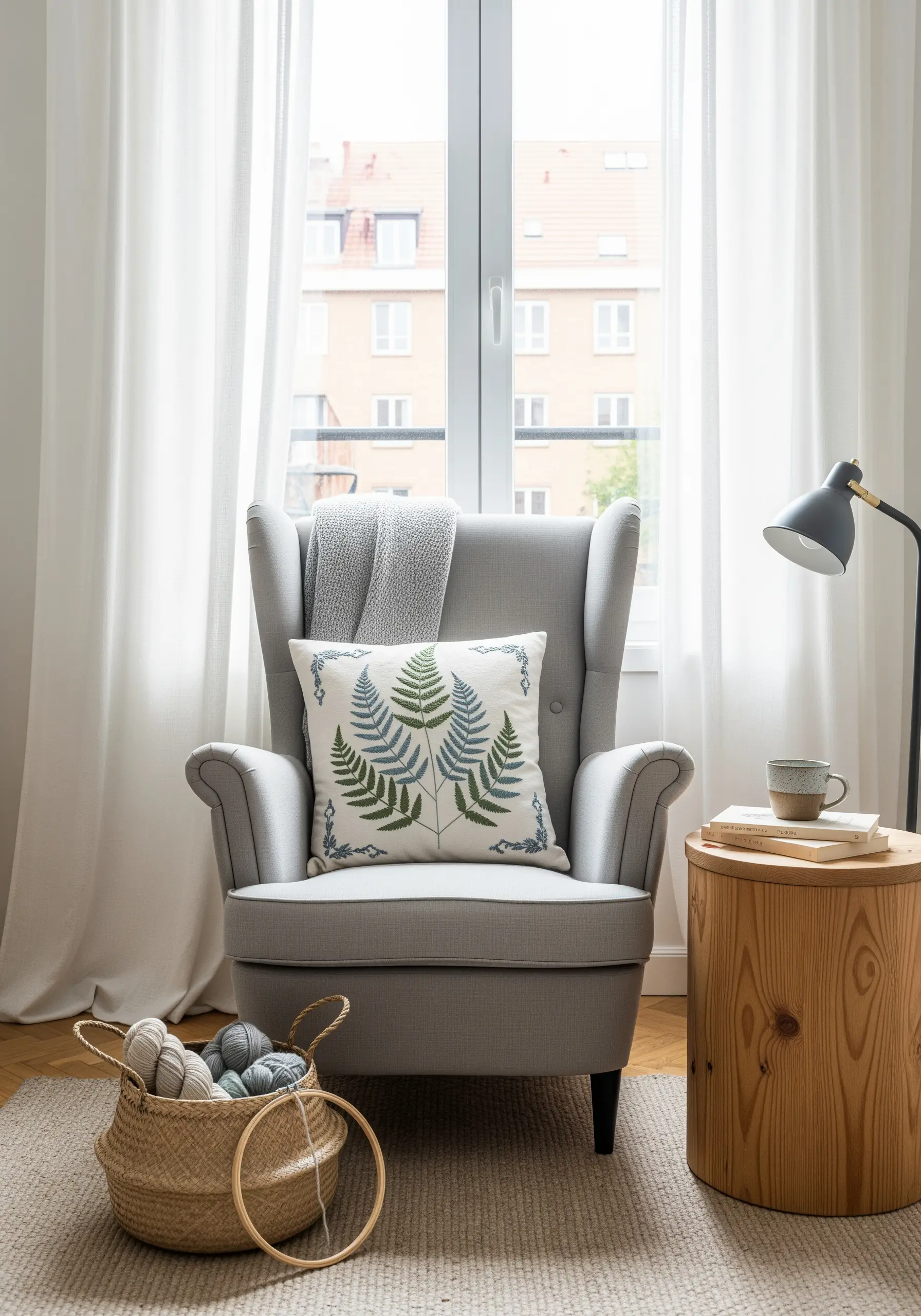 Embroidered fern design on a throw pillow using shades of green and blue thread.