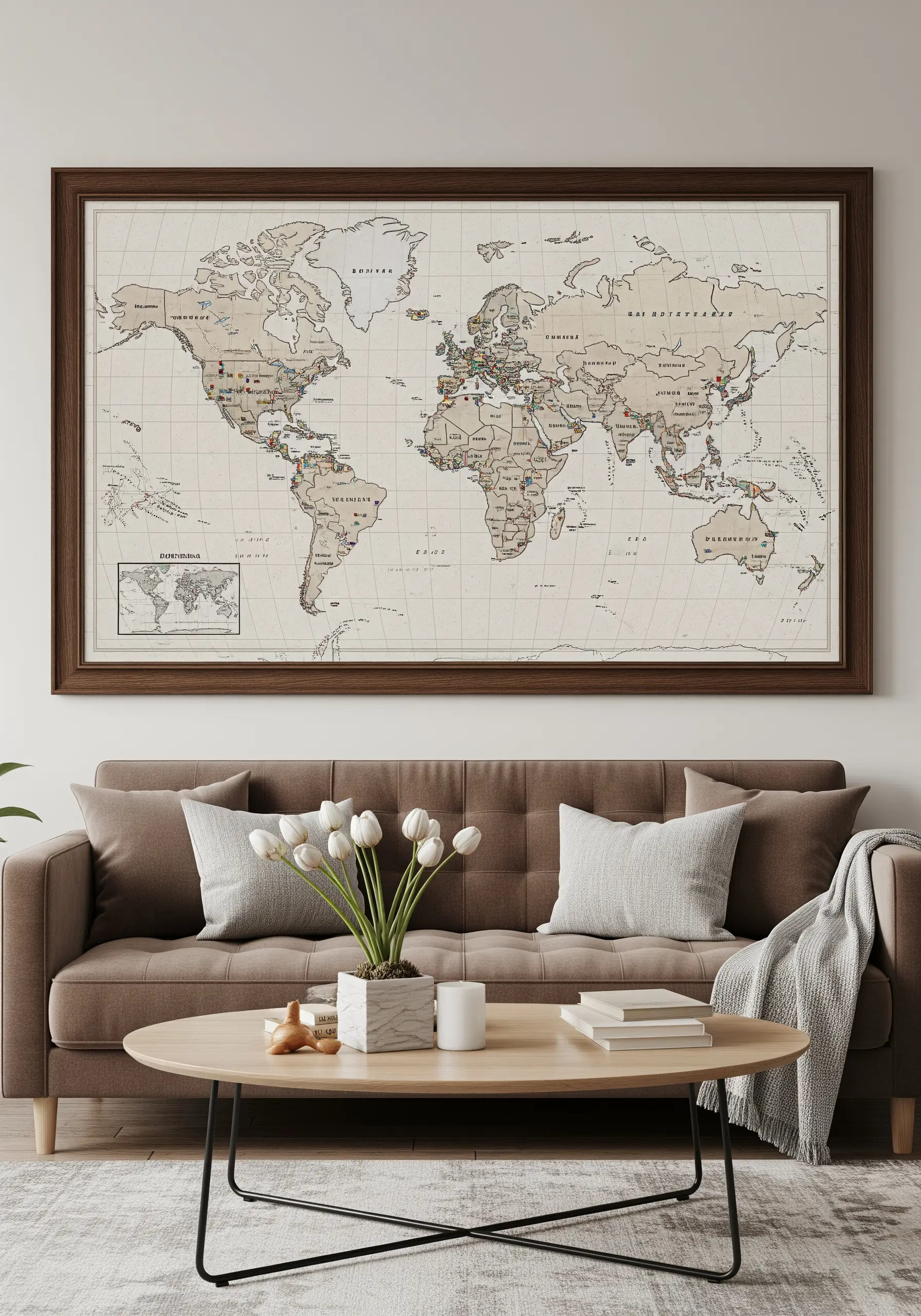 A large, framed embroidery of a vintage world map with tiny stitches marking locations.