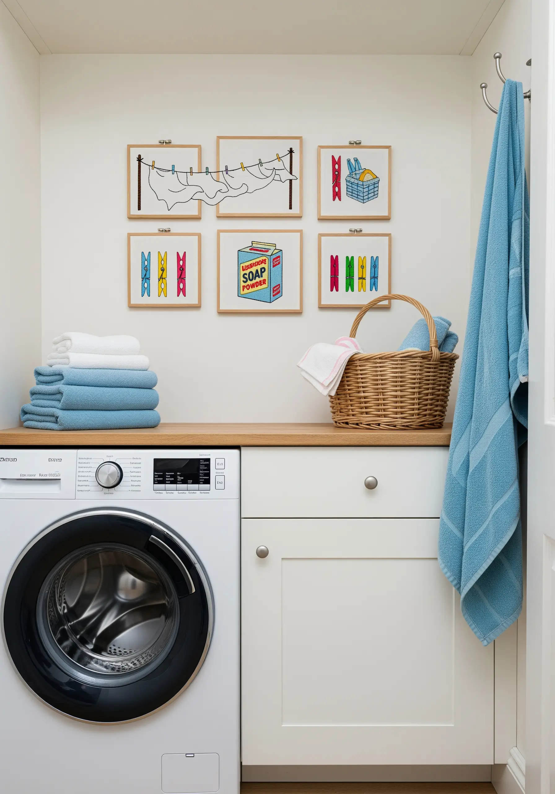 A collection of six framed laundry-themed embroidery pieces above a washing machine