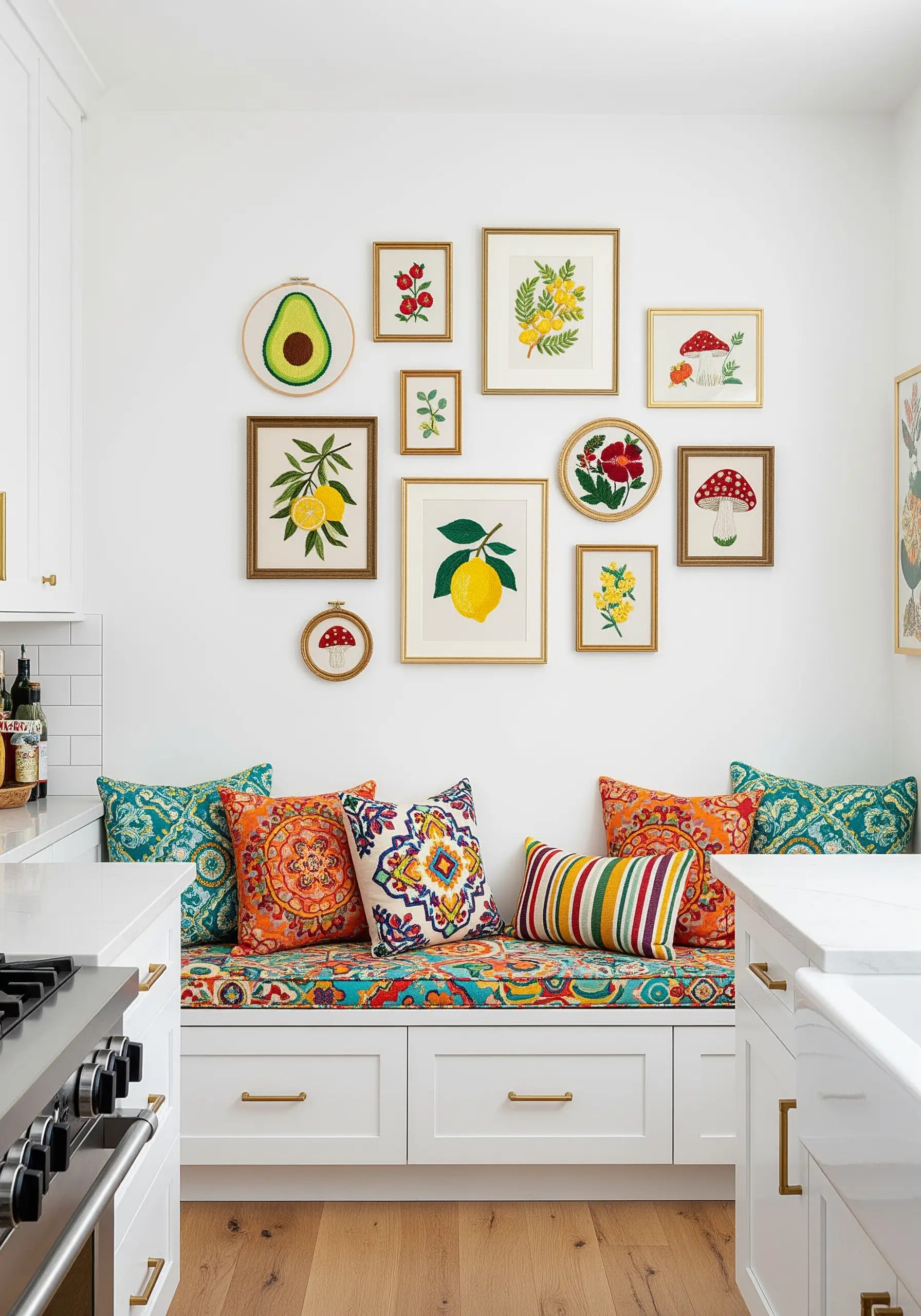 A kitchen gallery wall featuring embroidered avocado, lemons, and mushroom motifs.