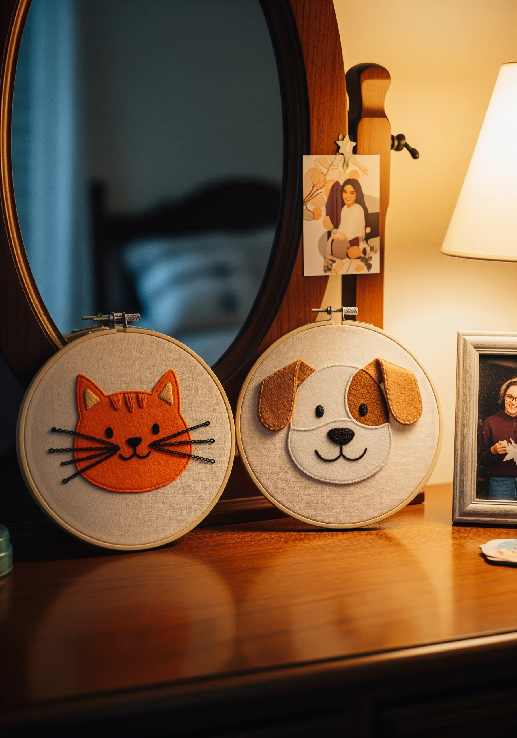 Two embroidery hoops featuring a cat and a dog with 3D floppy felt ears.