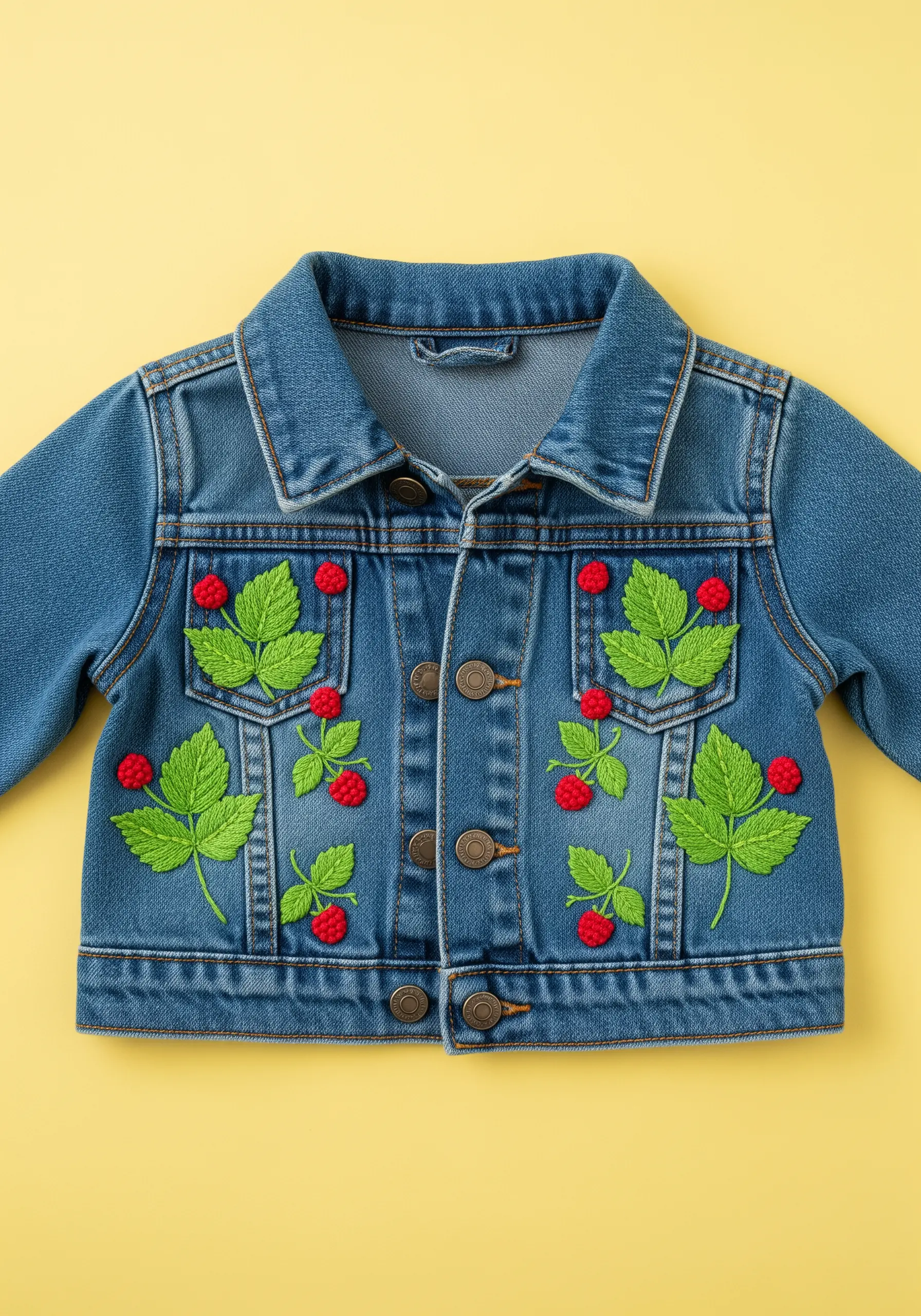 Small clusters of red raspberries and green leaves embroidered on a child's denim jacket.