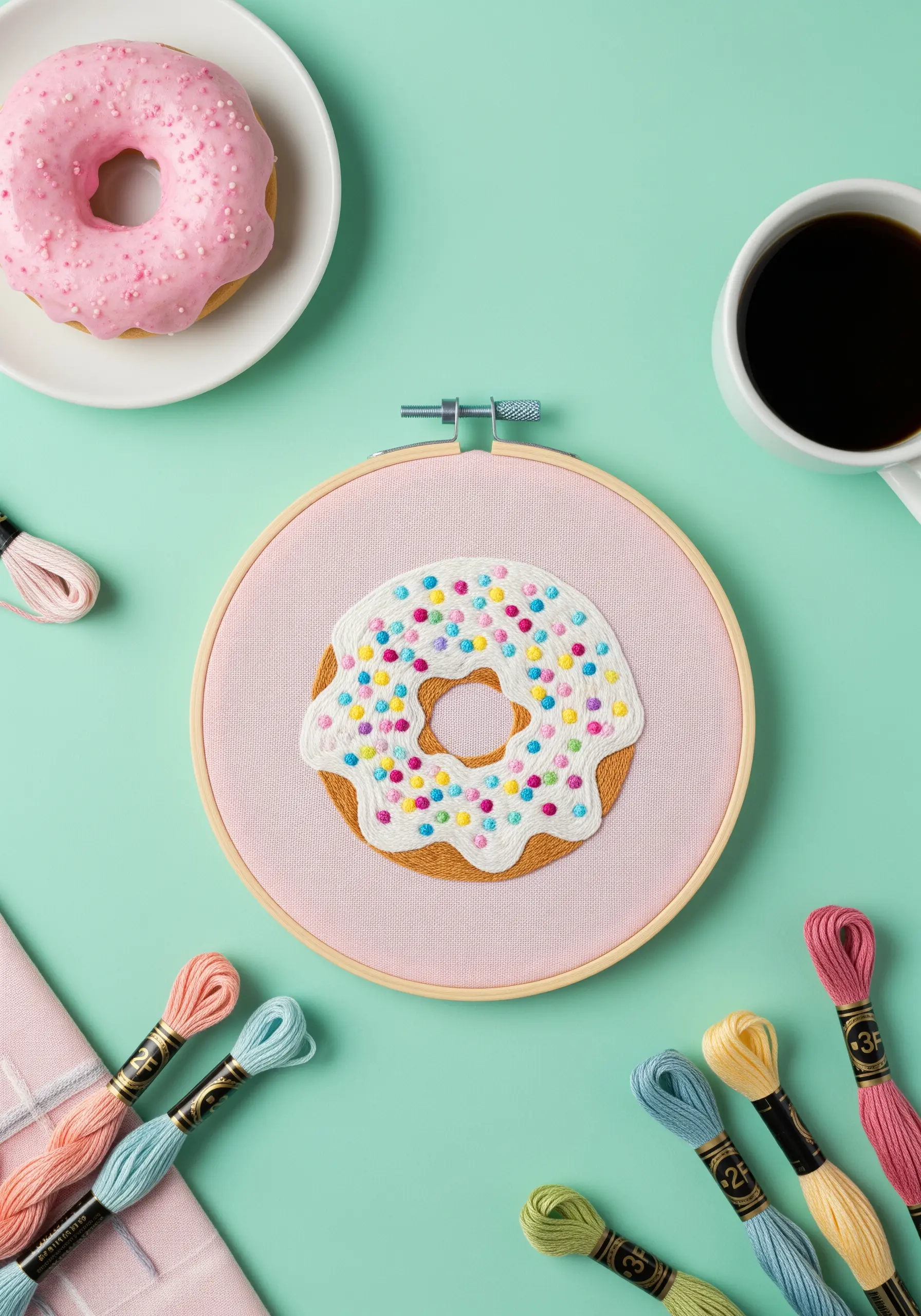 An embroidered donut with colorful French knots and straight stitches for sprinkles.
