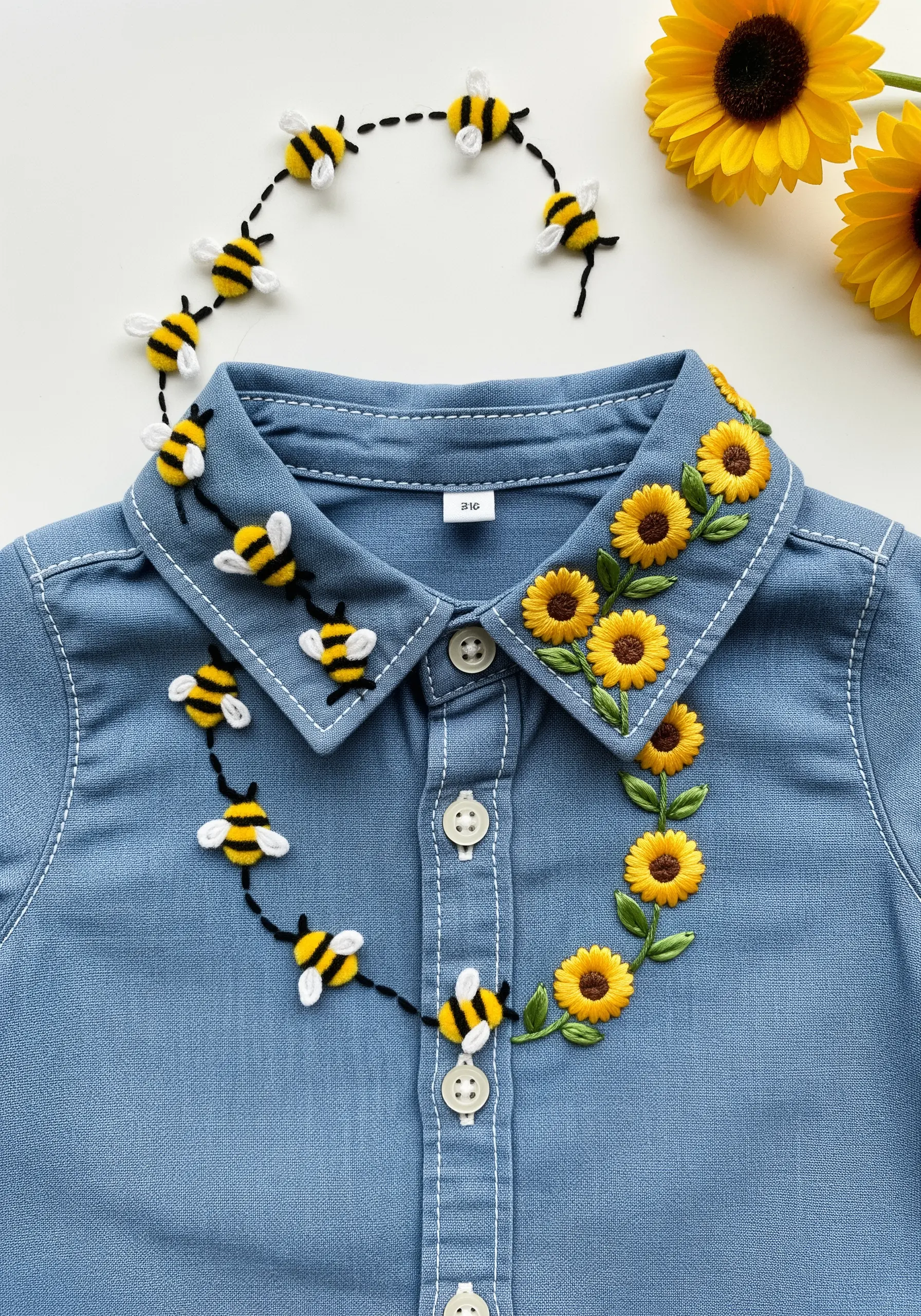 3D embroidered bees and woven picot stitch sunflowers on a shirt collar.