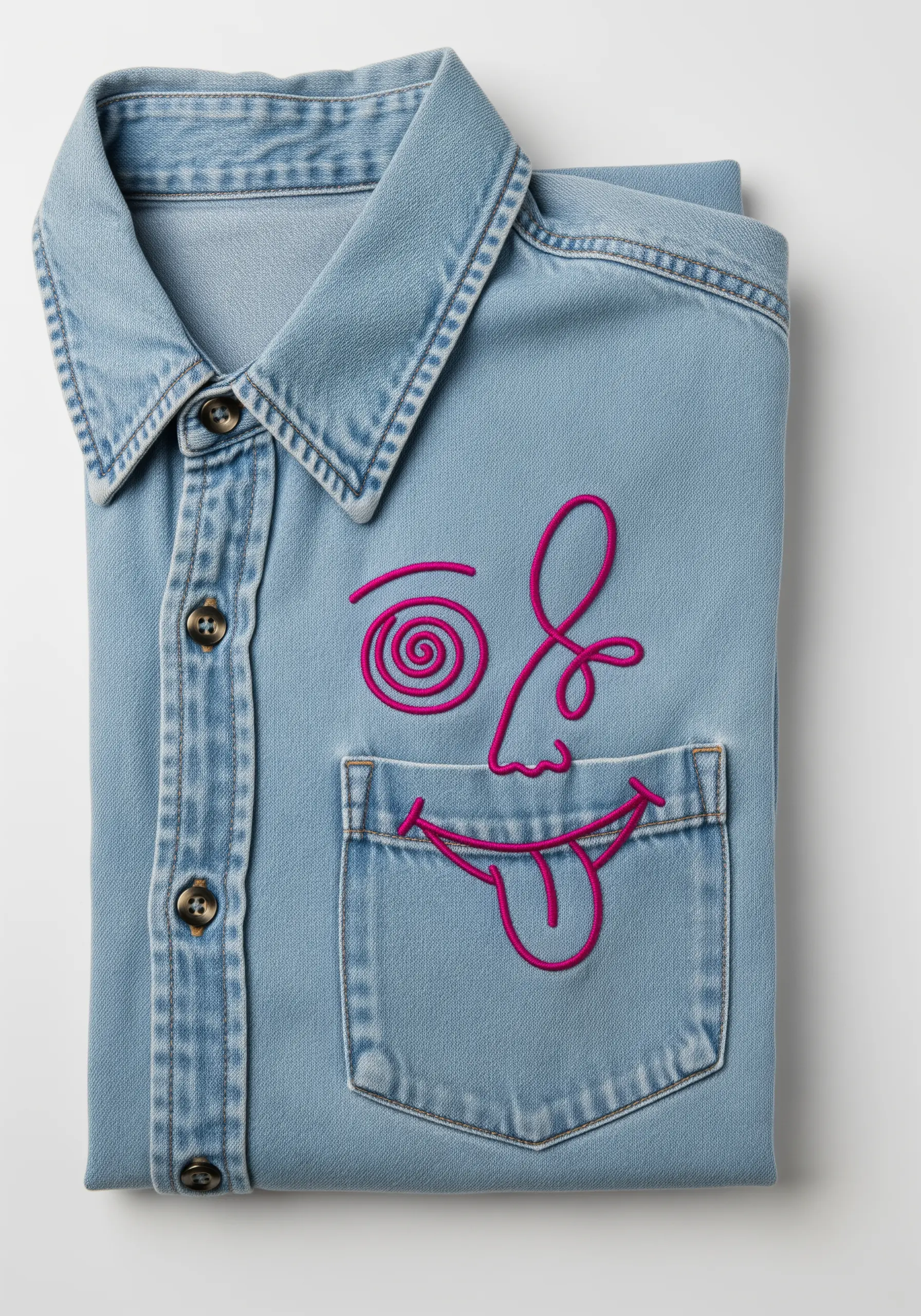 A playful, abstract face with a spiral eye stitched in magenta on a denim shirt pocket.